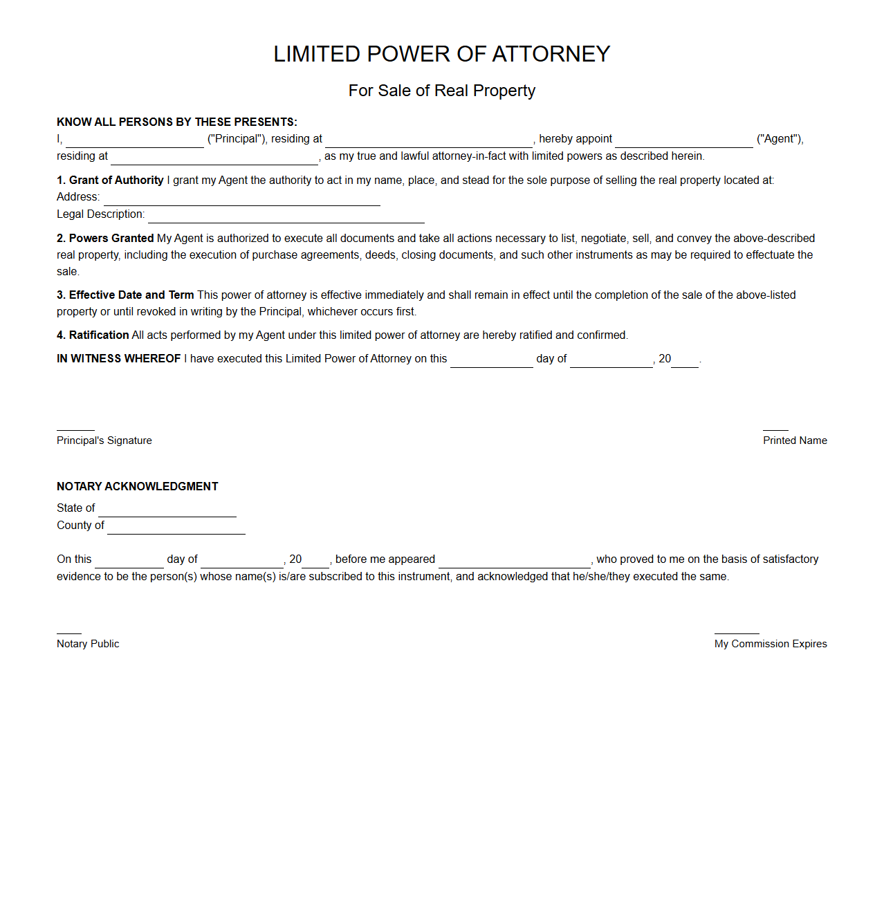 Limited Power of Attorney for Sale of Real Property