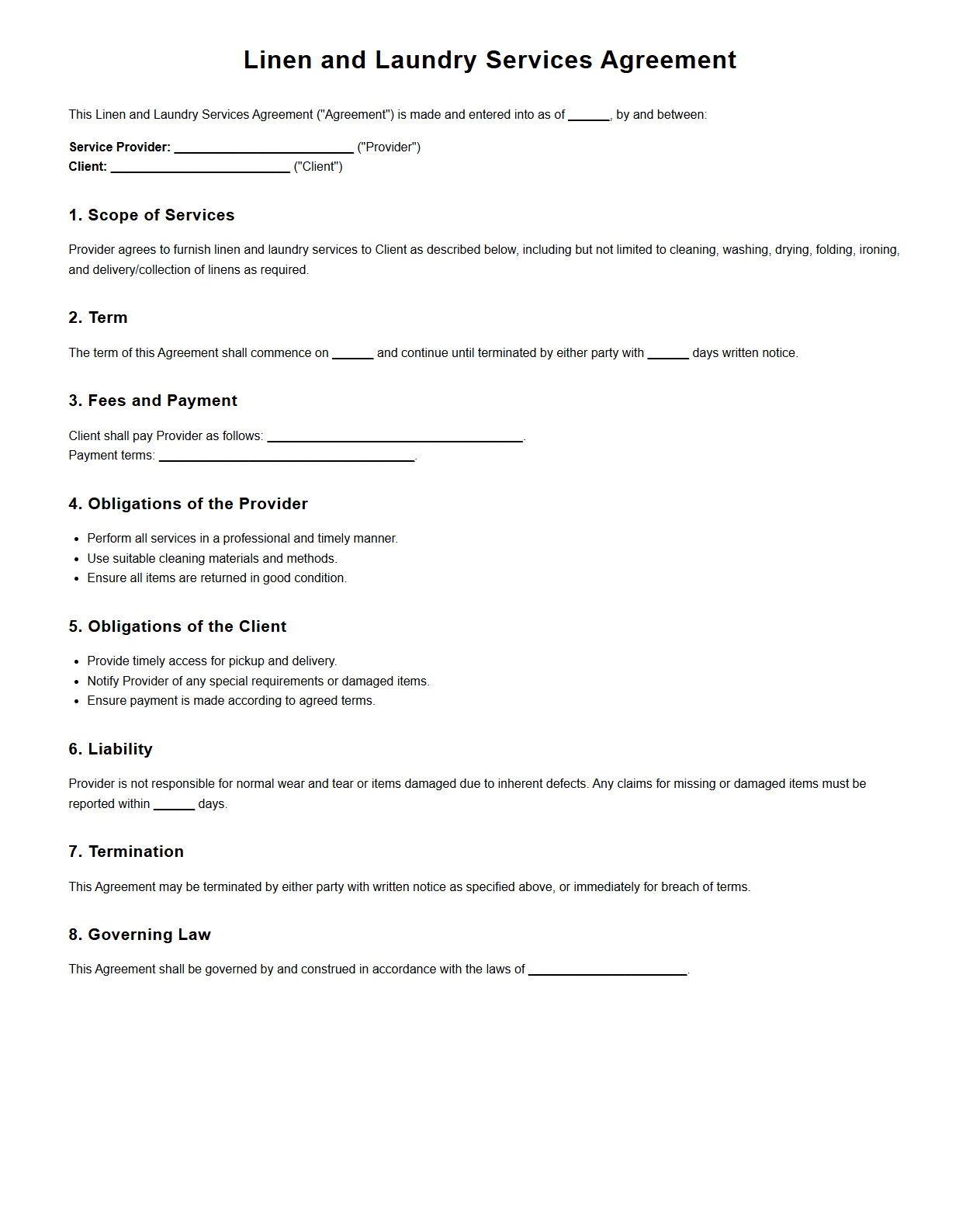 Linen and Laundry Services Agreement Sample