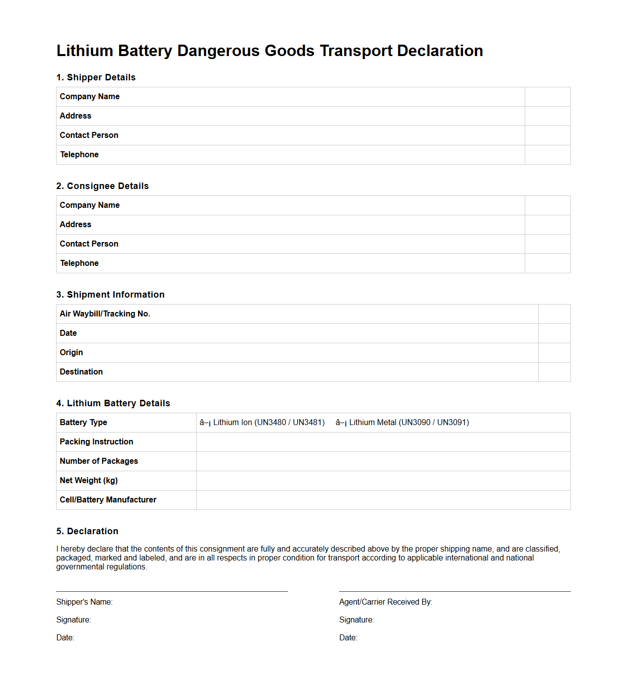 Lithium Battery Dangerous Goods Transport Declaration