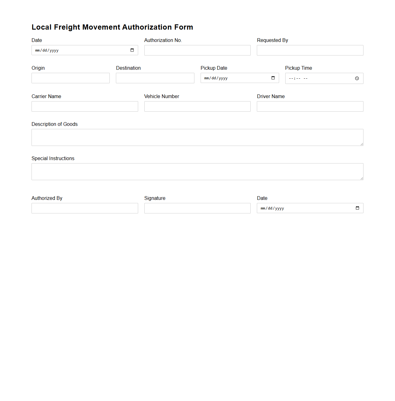 Local Freight Movement Authorization Form