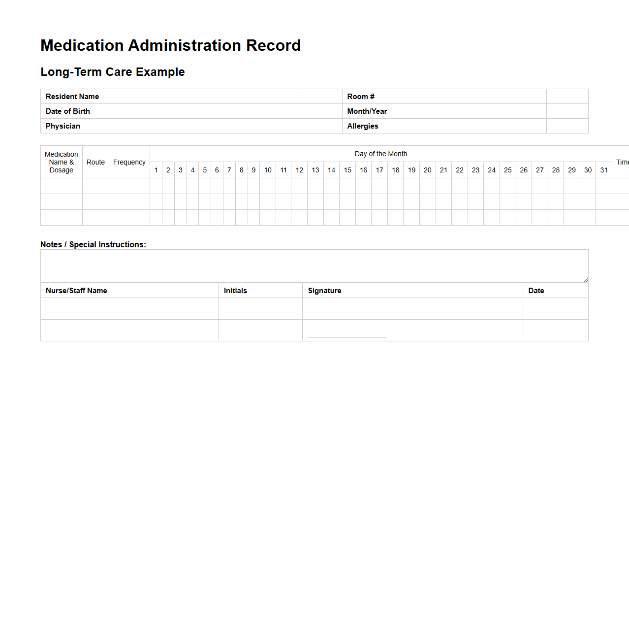 Long-Term Care Medication Administration Record Example