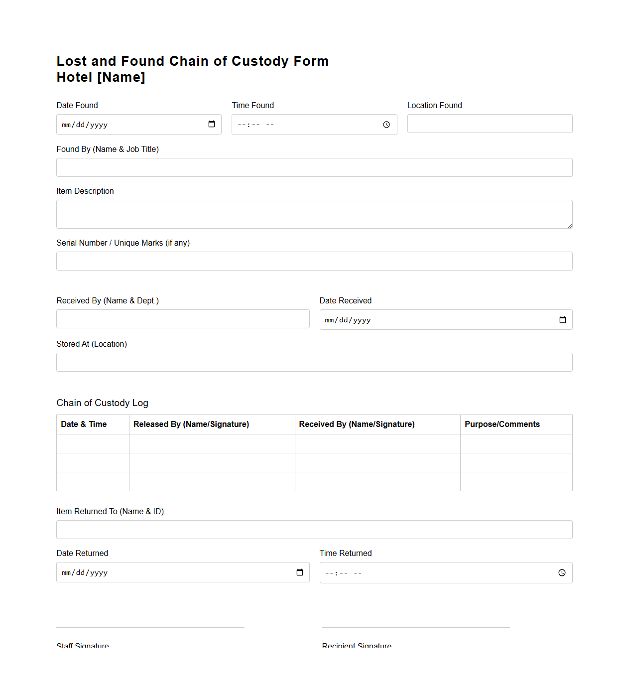 Lost and Found Chain of Custody Form Example for Hotels