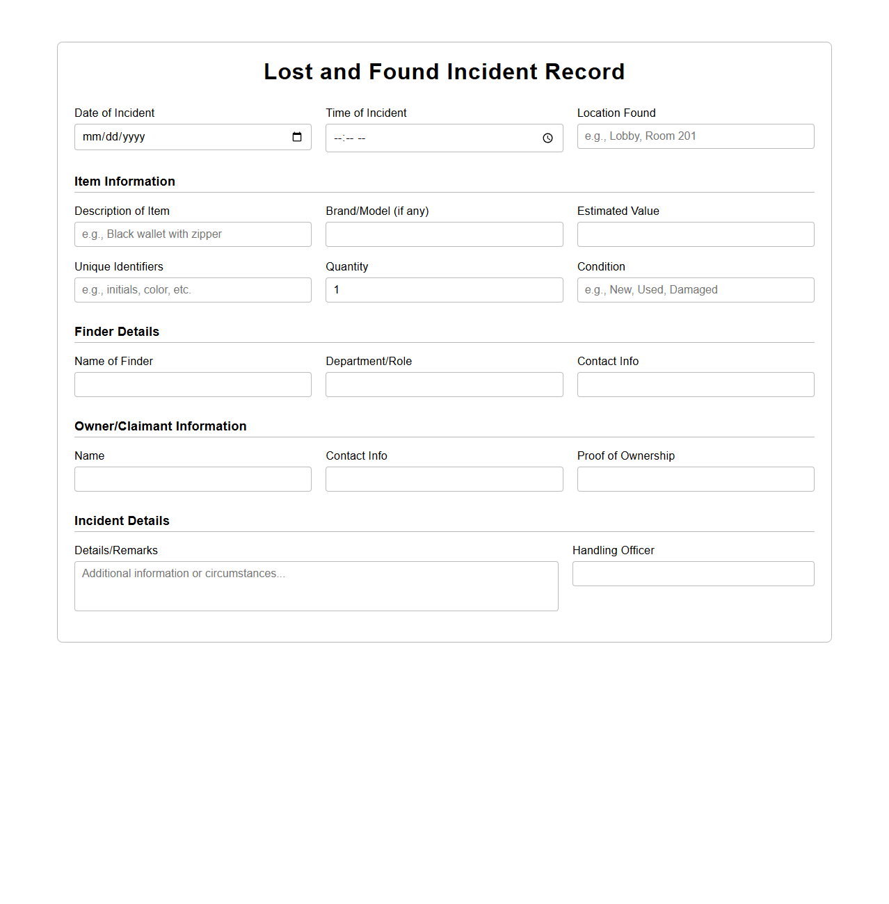 Lost and Found Incident Record for Hospitality