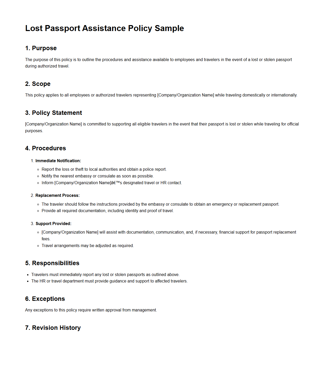 Lost Passport Assistance Policy Sample