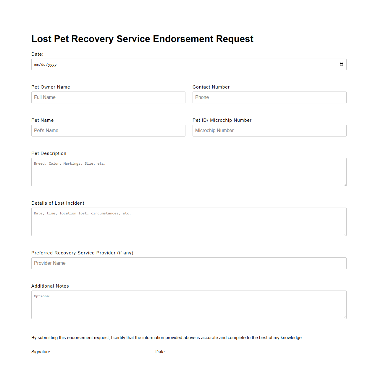 Lost Pet Recovery Service Endorsement Request Document