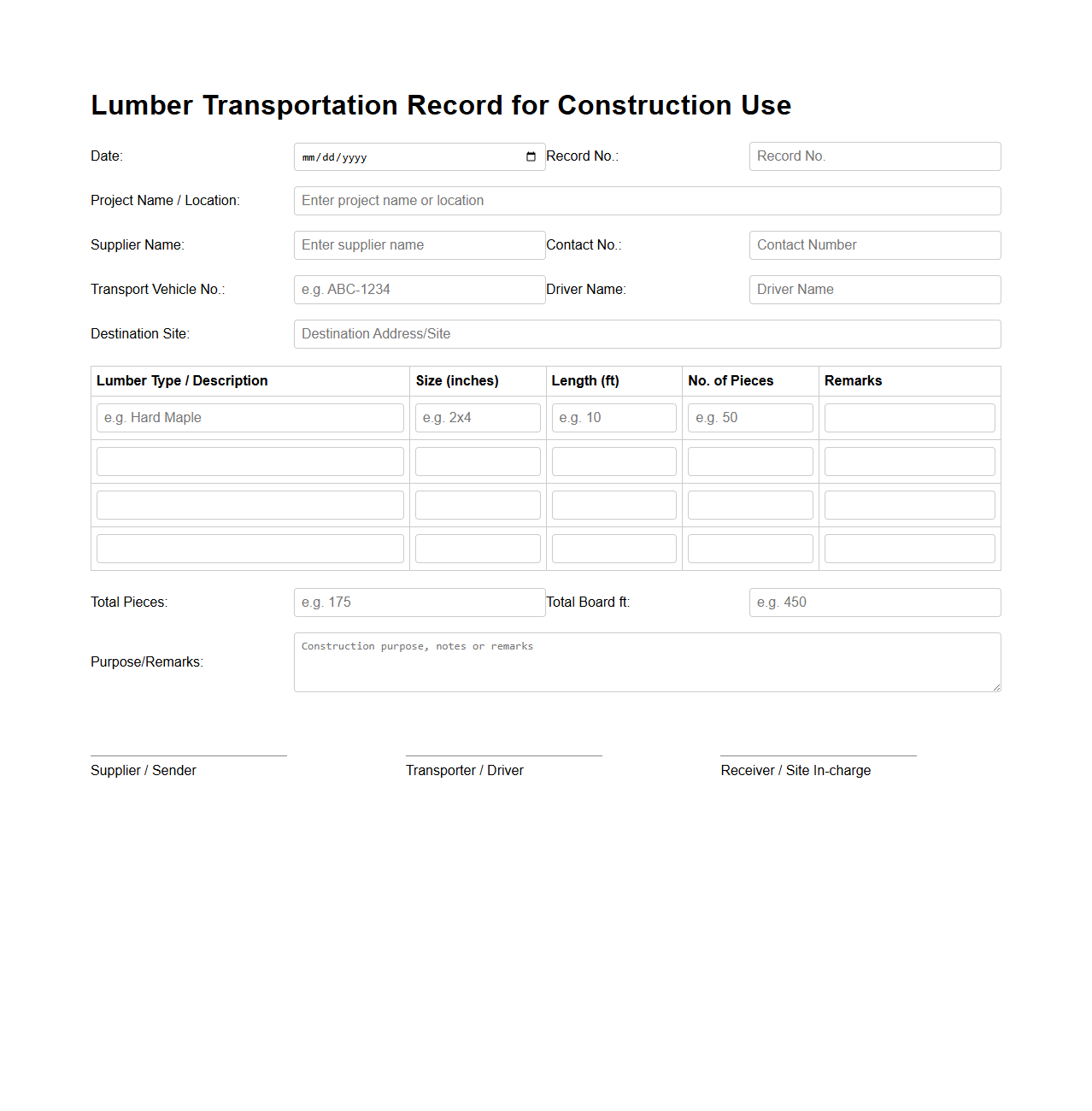 Lumber Transportation Record for Construction Use