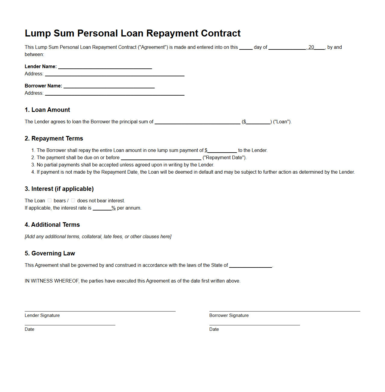 Lump Sum Personal Loan Repayment Contract