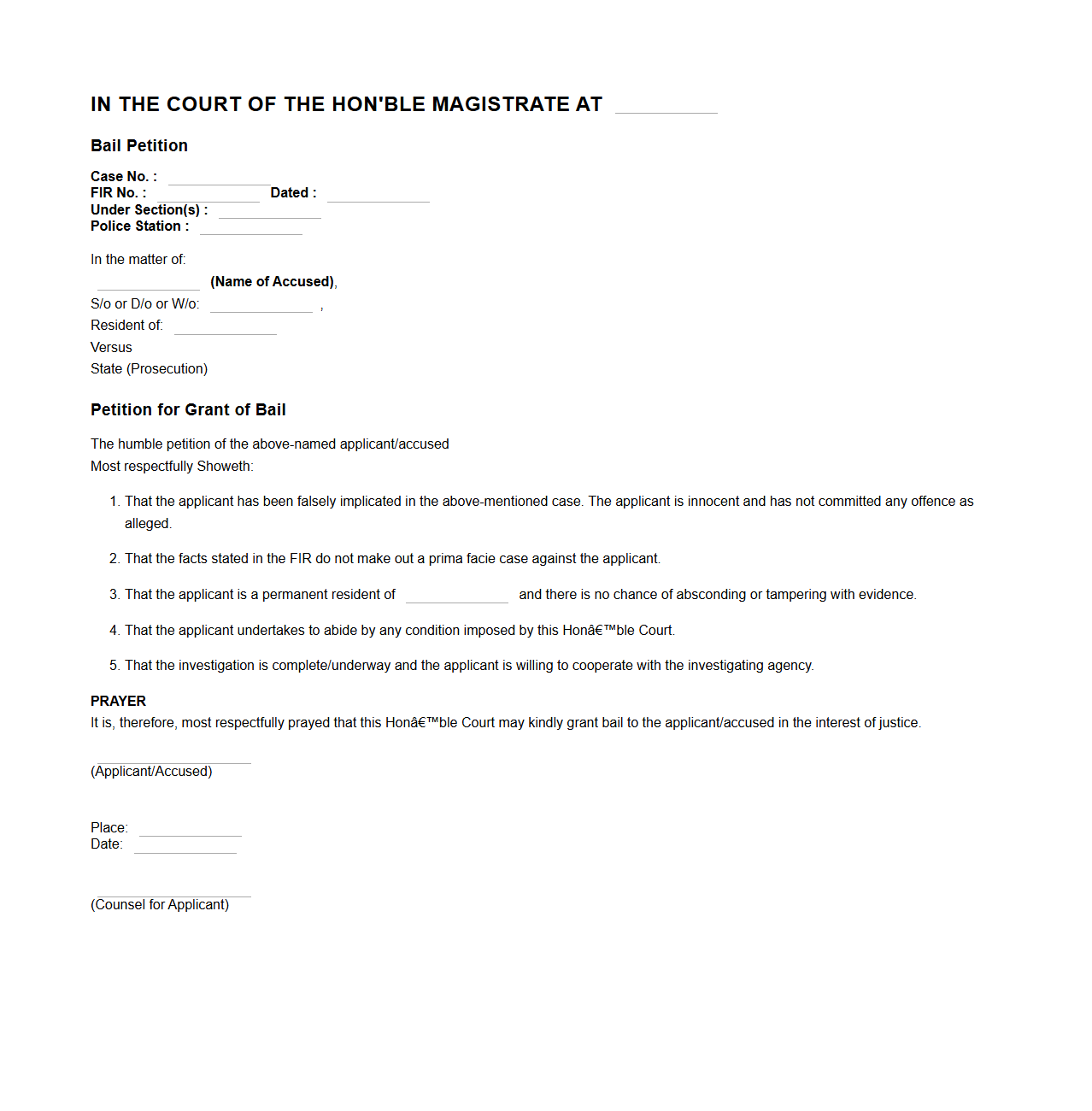 Magistrate Court Bail Petition Format for Criminal Charges