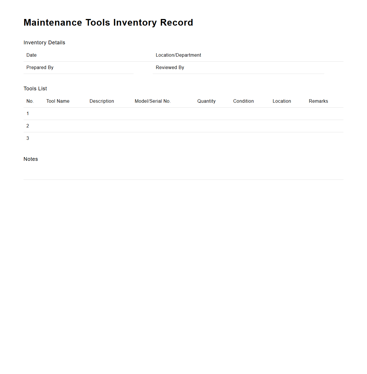 Maintenance Tools Inventory Record