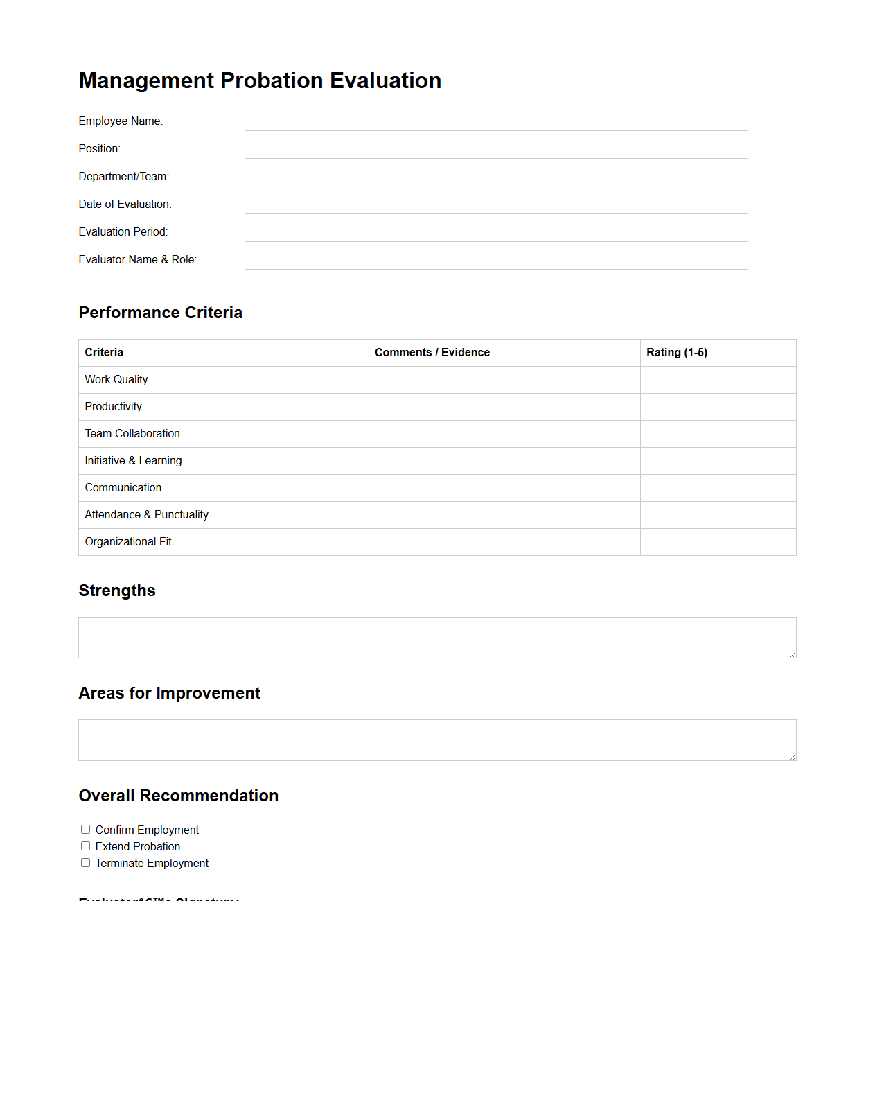 Management Probation Evaluation Document for New Team Members