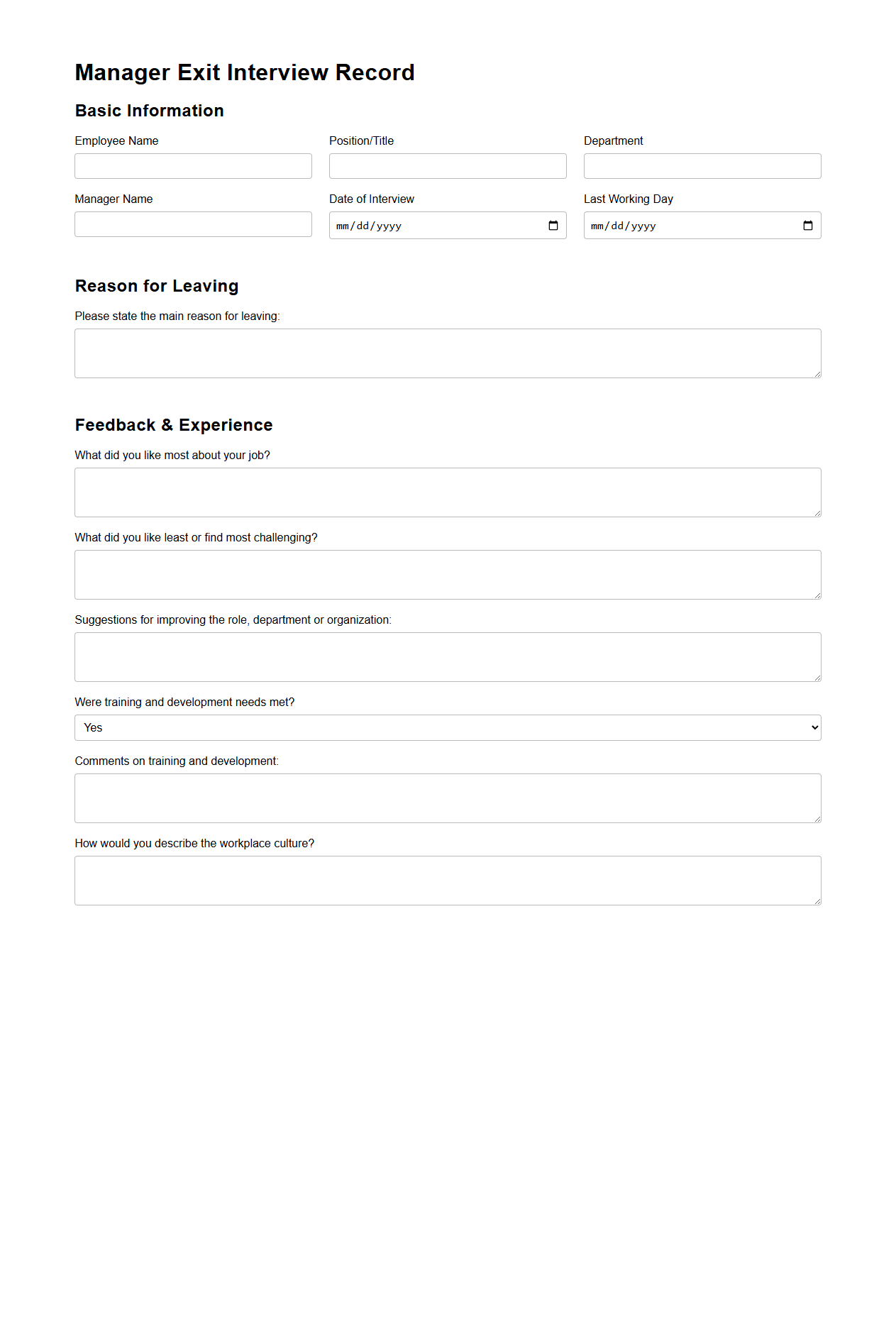 Manager Exit Interview Record Template