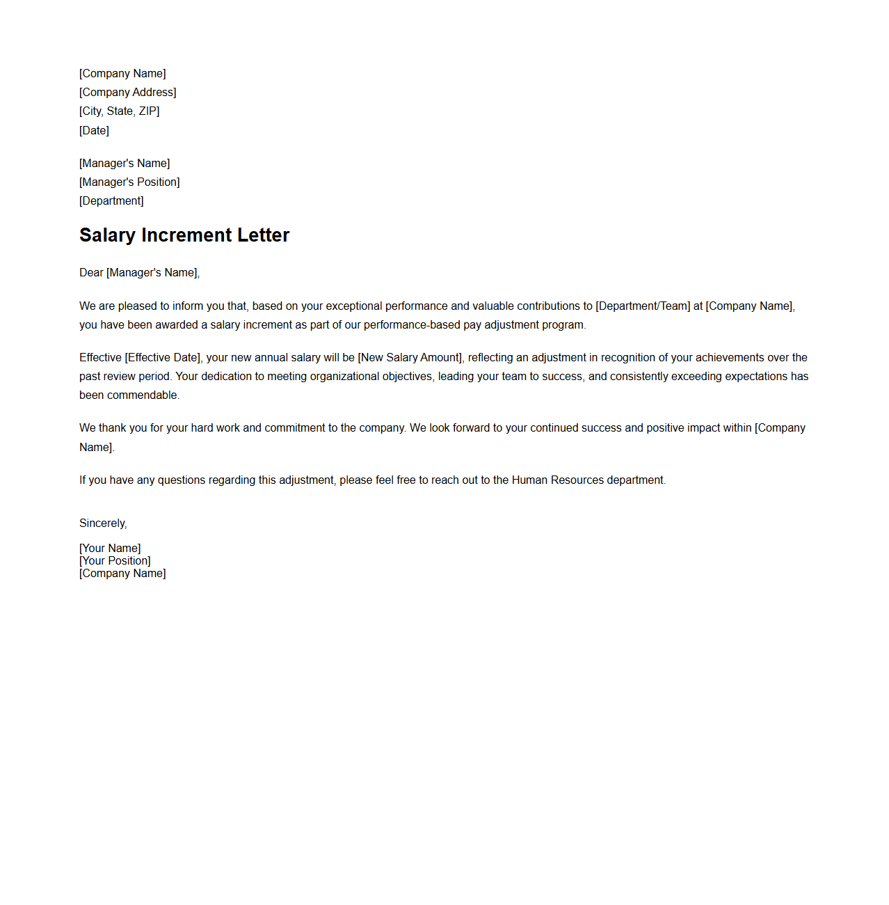 Managerial Salary Increment Letter for Performance-Based Pay Adjustment