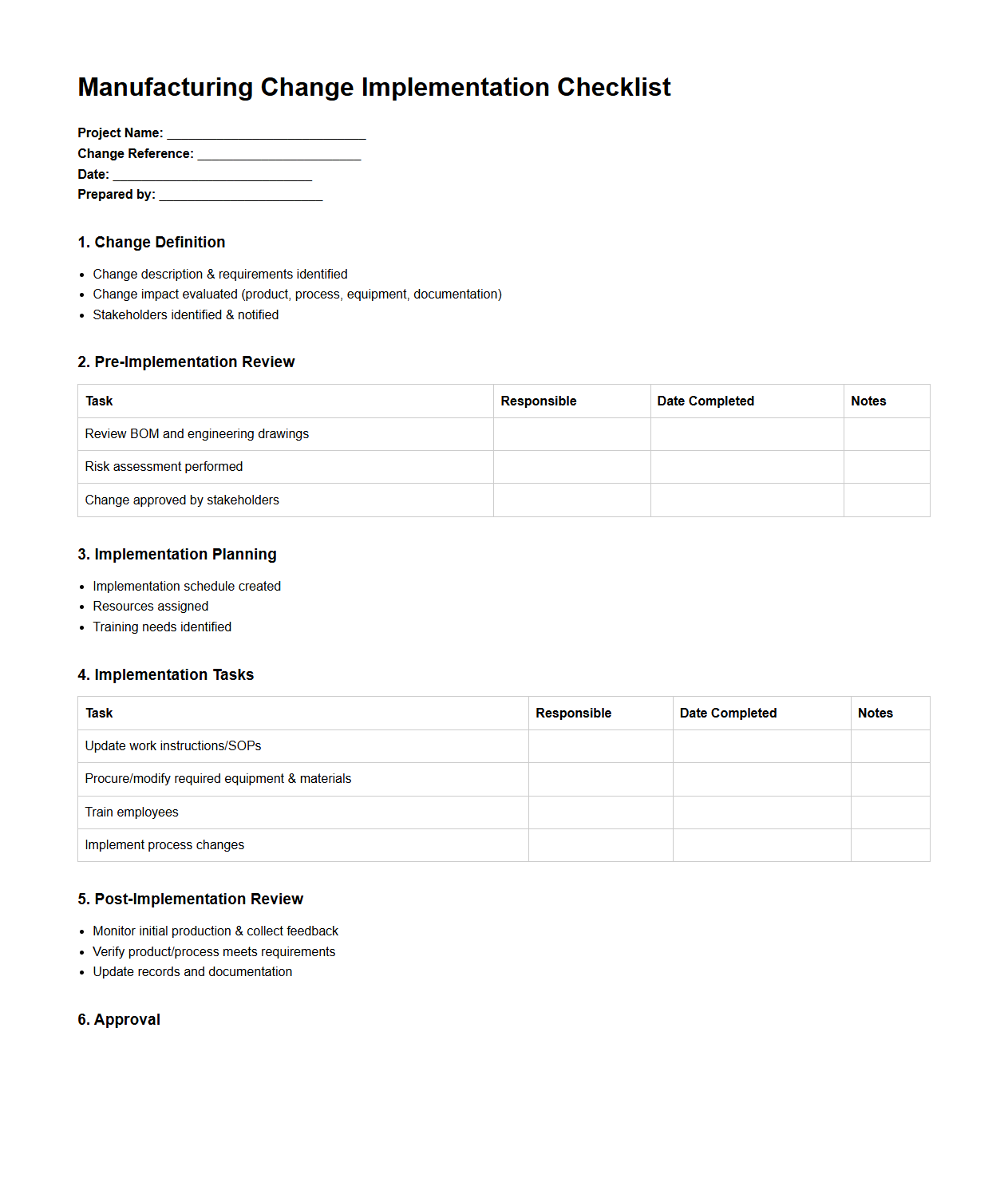 Manufacturing Change Implementation Checklist