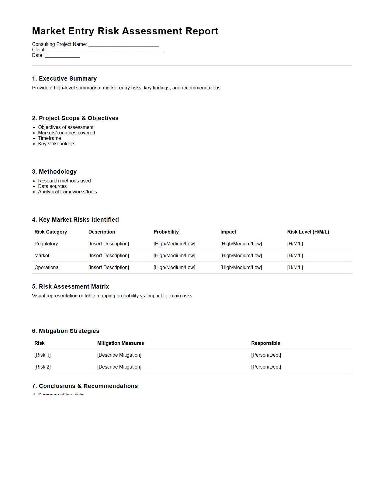 Market Entry Risk Assessment Report Format for Consulting Projects