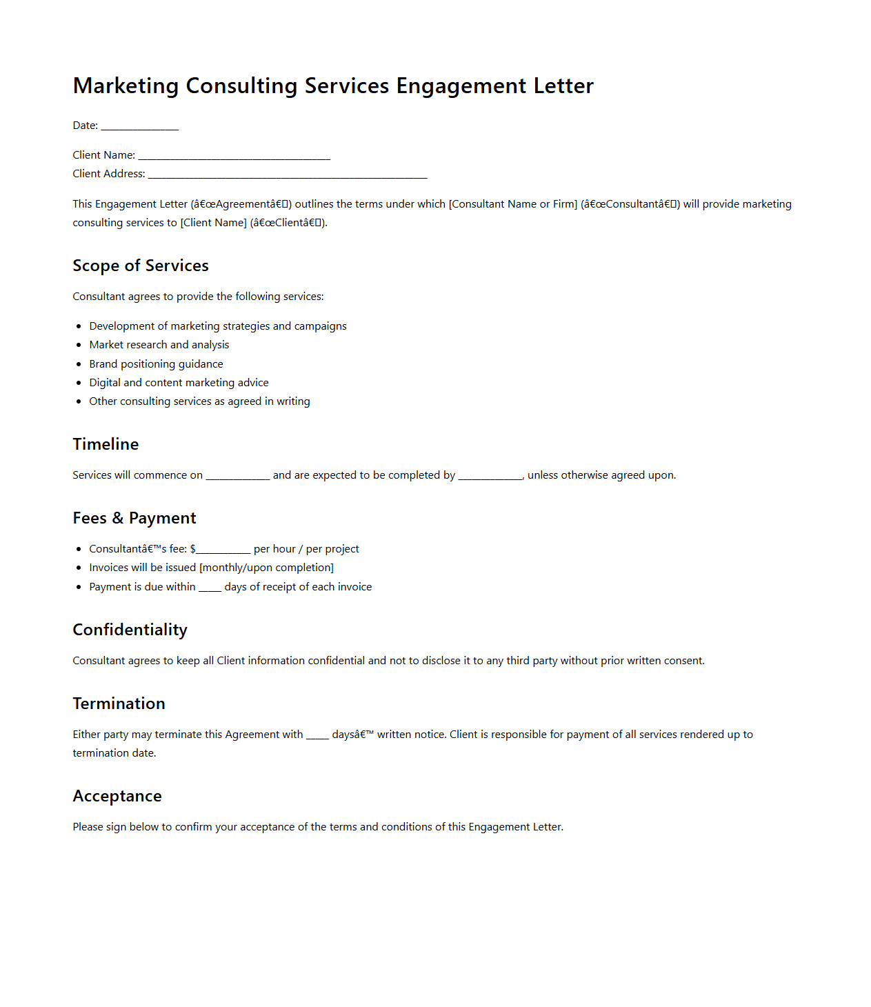 Marketing Consulting Services Engagement Letter