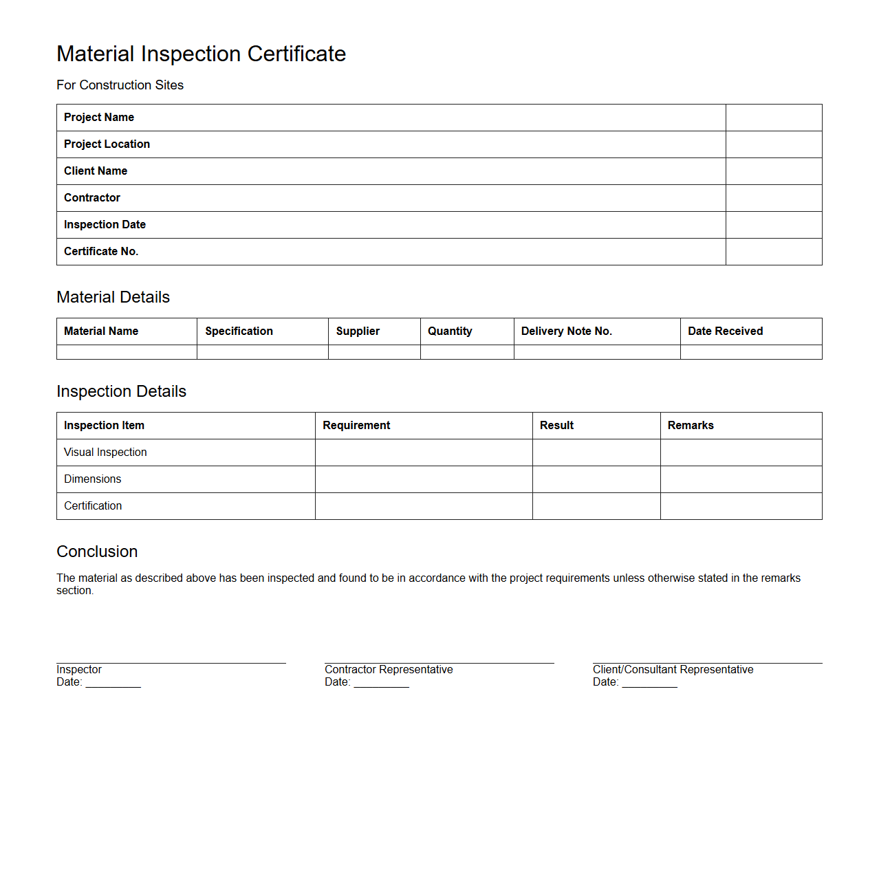 Material Inspection Certificate Specimen for Construction Sites