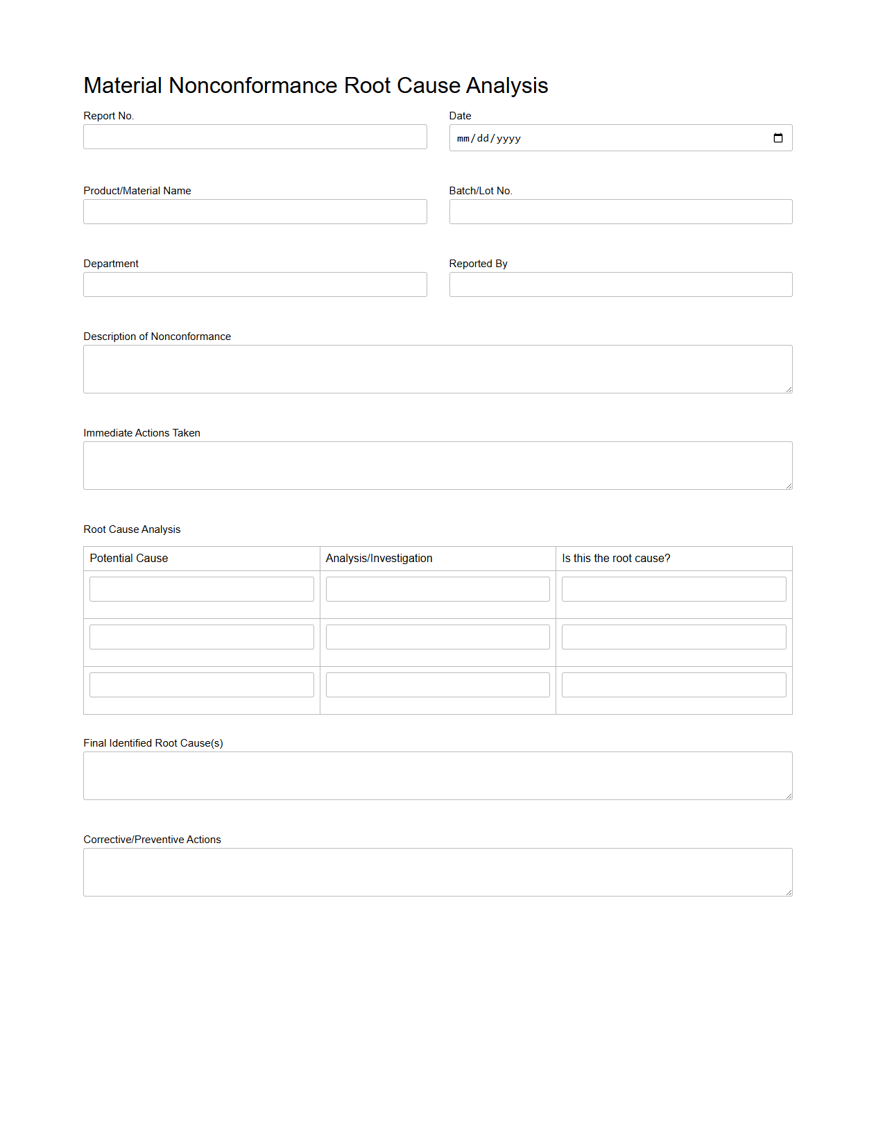 Material Nonconformance Root Cause Analysis Sample