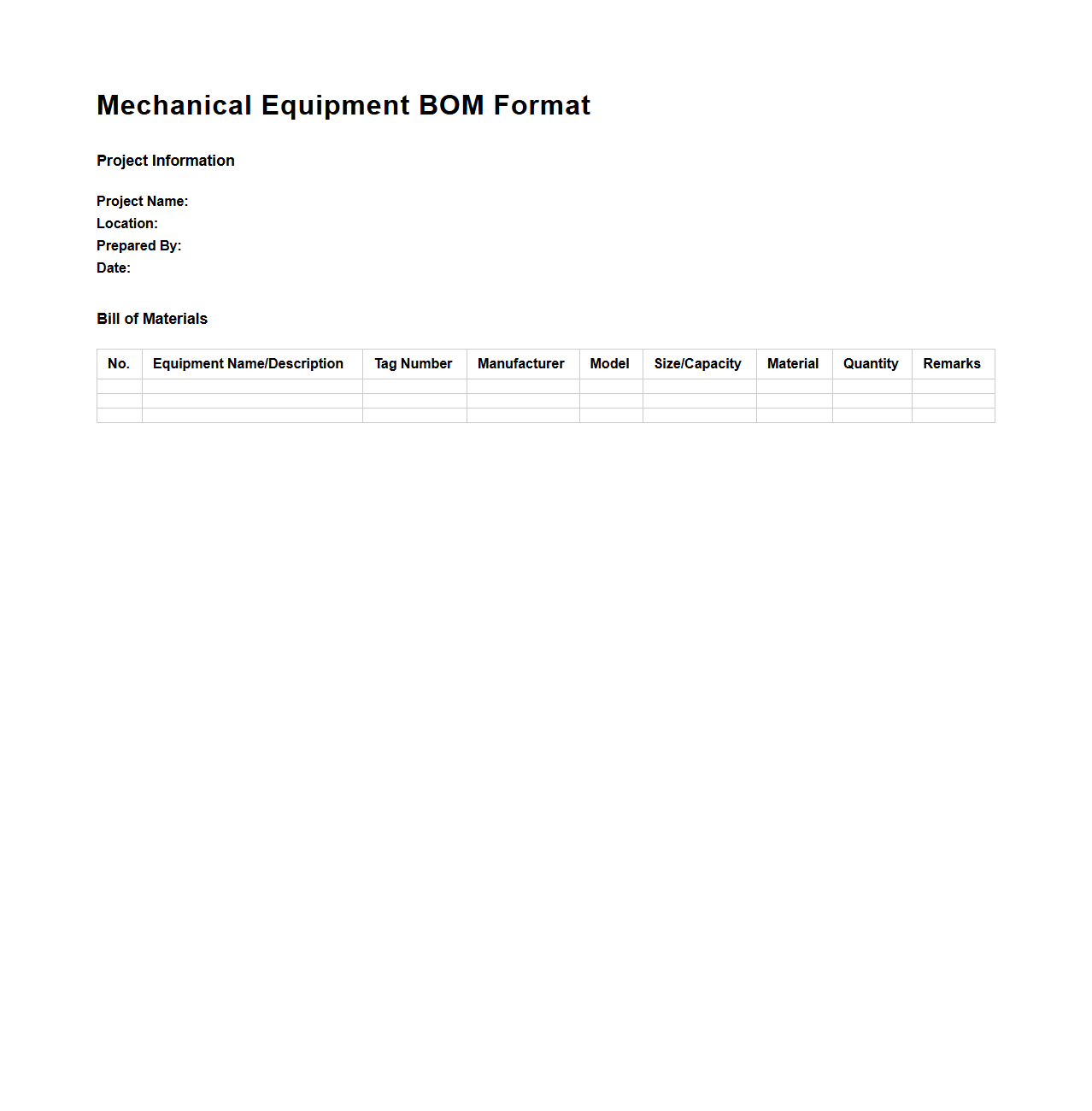 Mechanical Equipment BOM Format