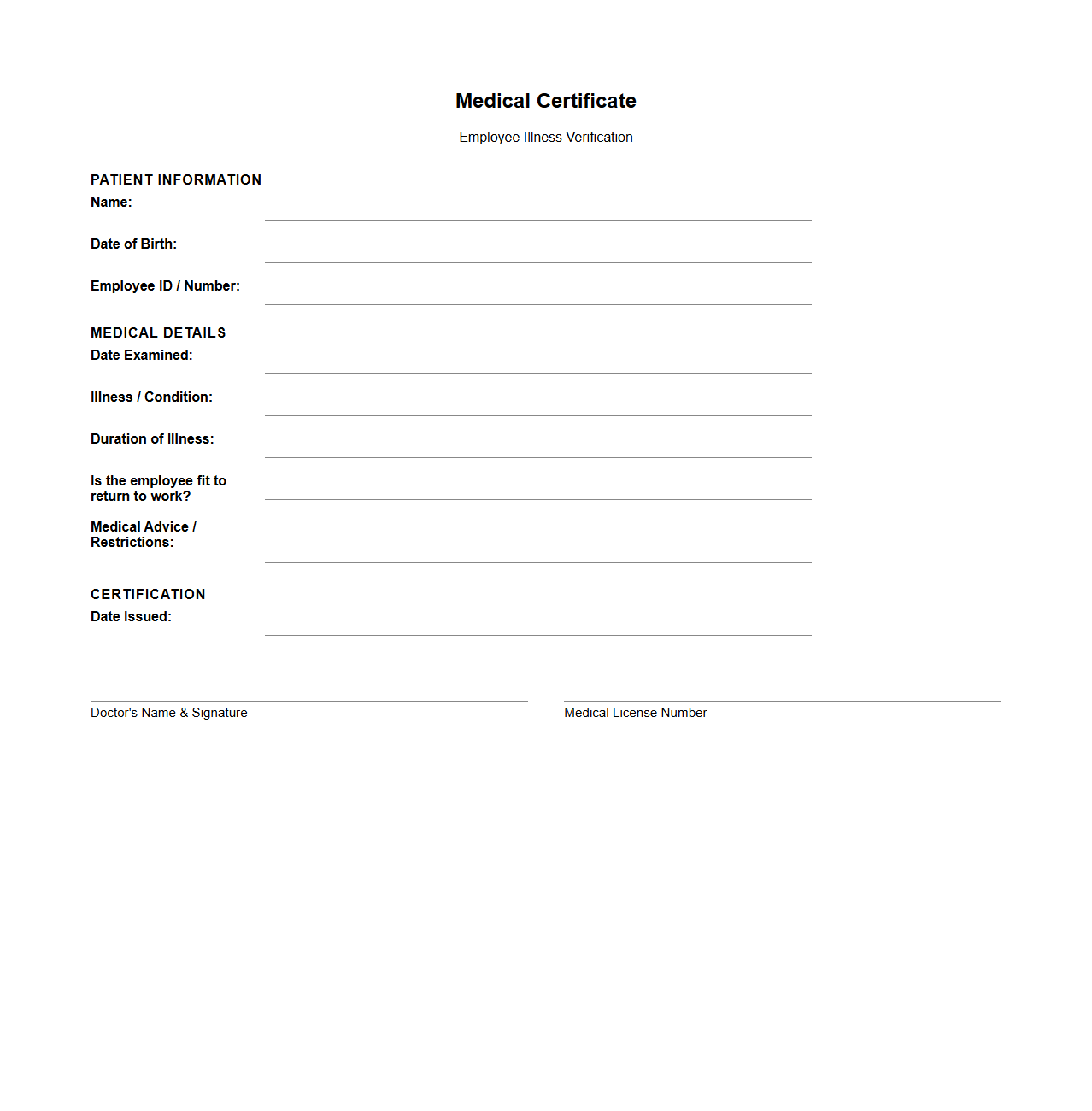 Medical Certificate for Employee Illness Verification