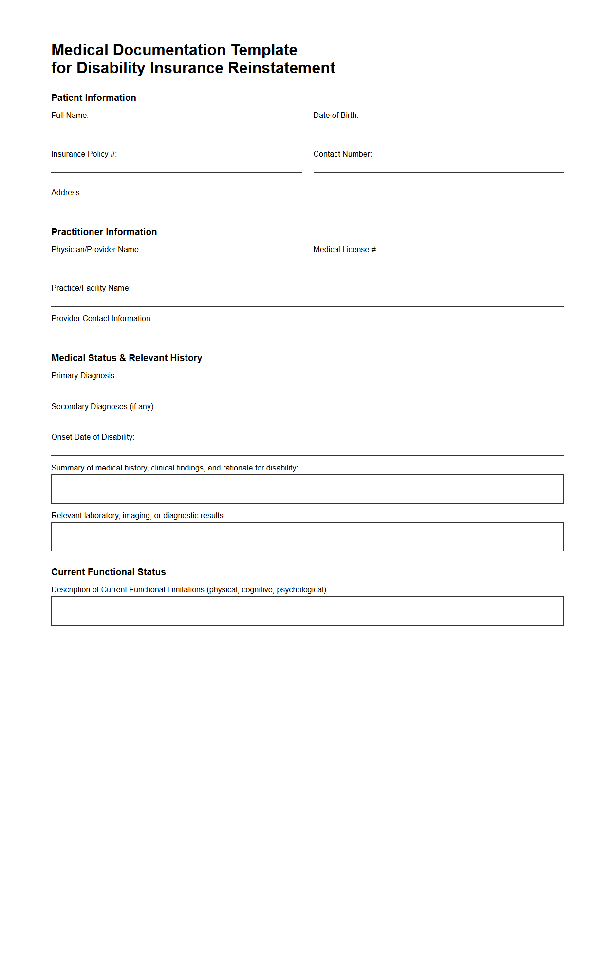 Medical Documentation Template for Disability Insurance Reinstatement
