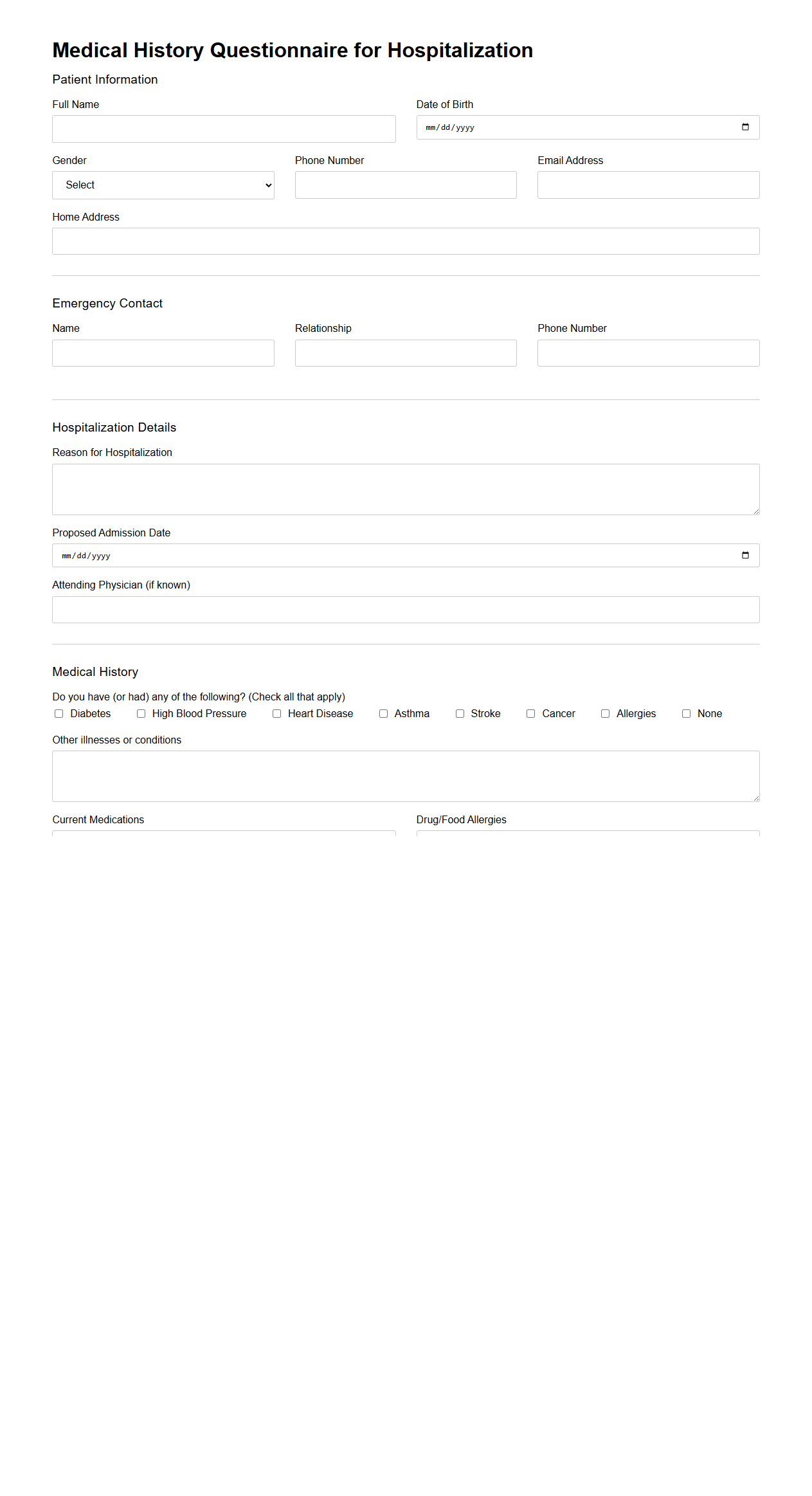 Medical History Questionnaire for Hospitalization