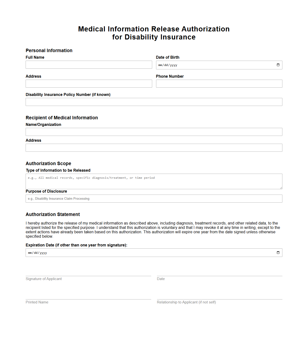 Medical Information Release Authorization for Disability Insurance