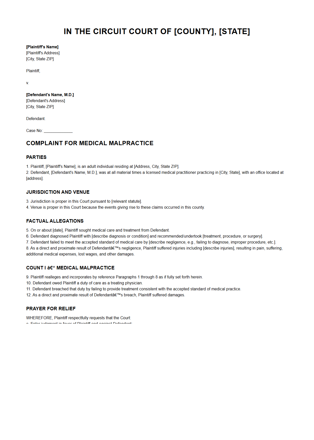 Medical Malpractice Complaint Example