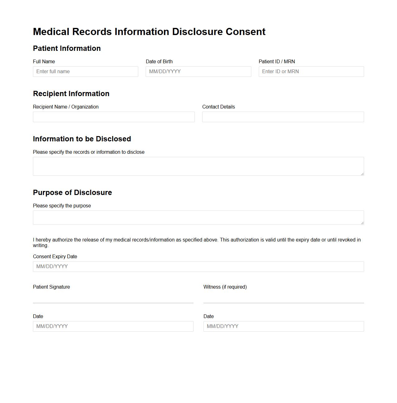 Medical Records Information Disclosure Consent Template