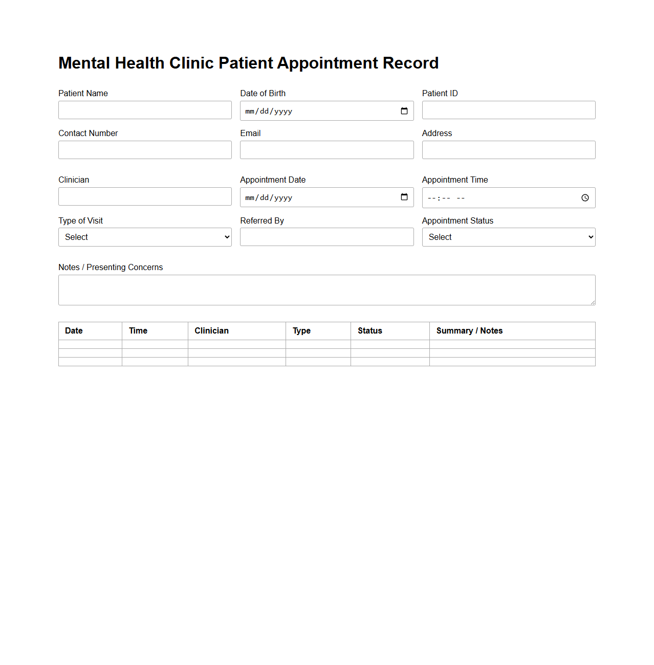 Mental Health Clinic Patient Appointment Record