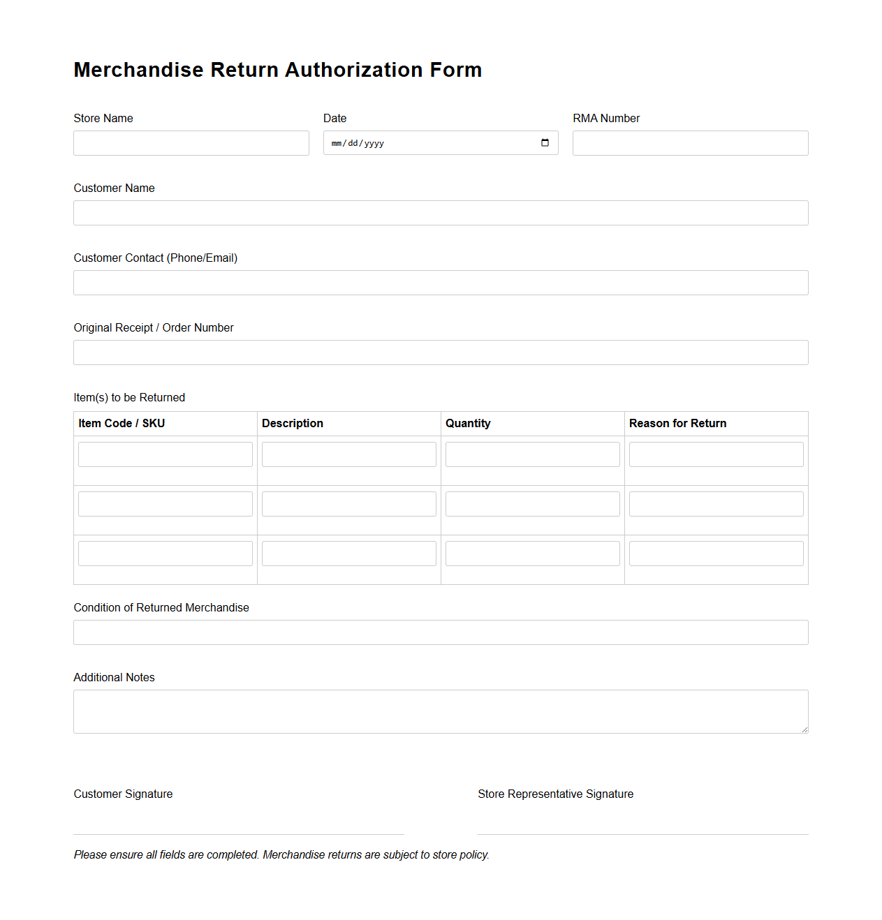 Merchandise Return Authorization Form for Retail Stores