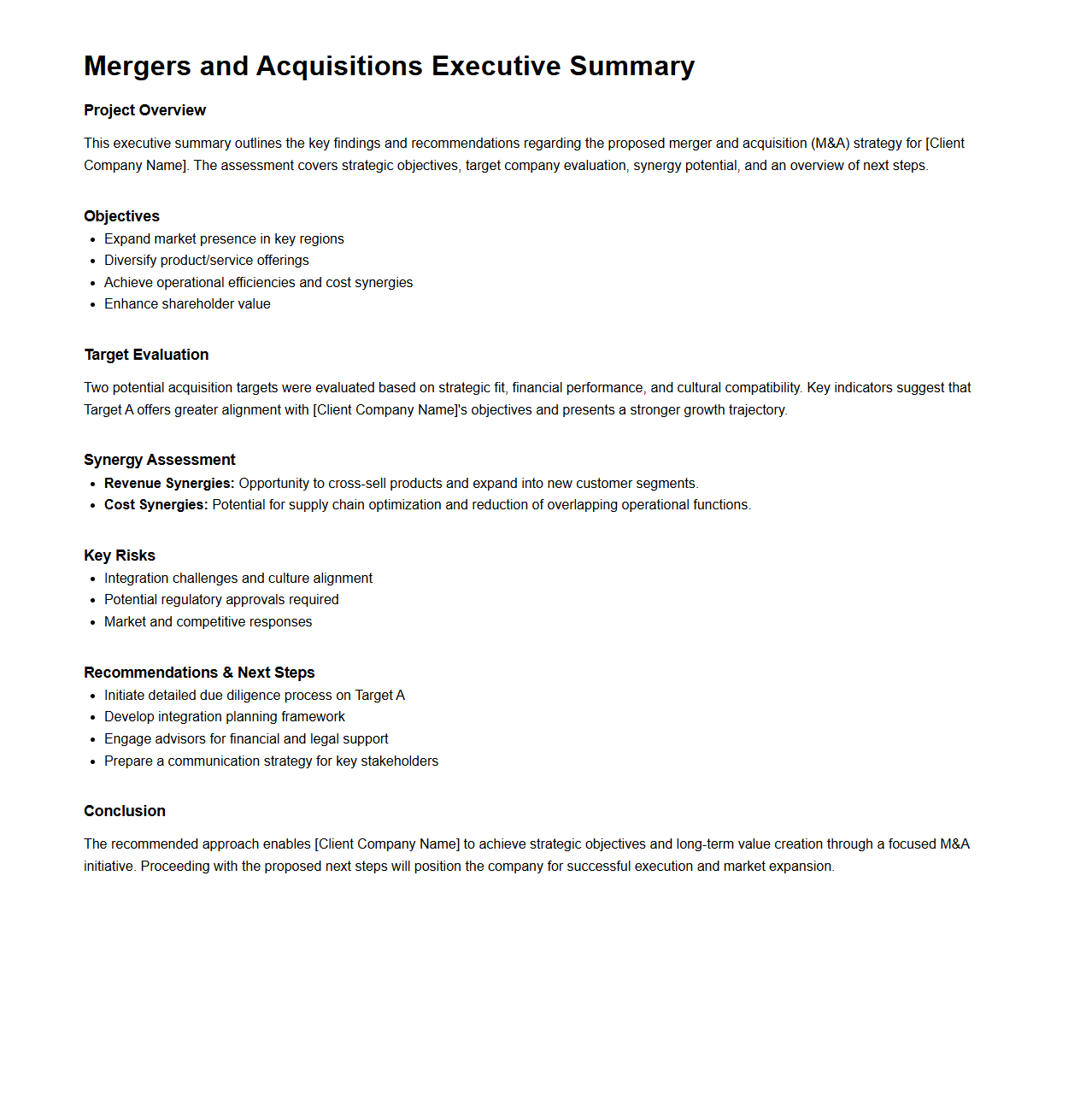 Mergers and Acquisitions Executive Summary Sample for Consulting