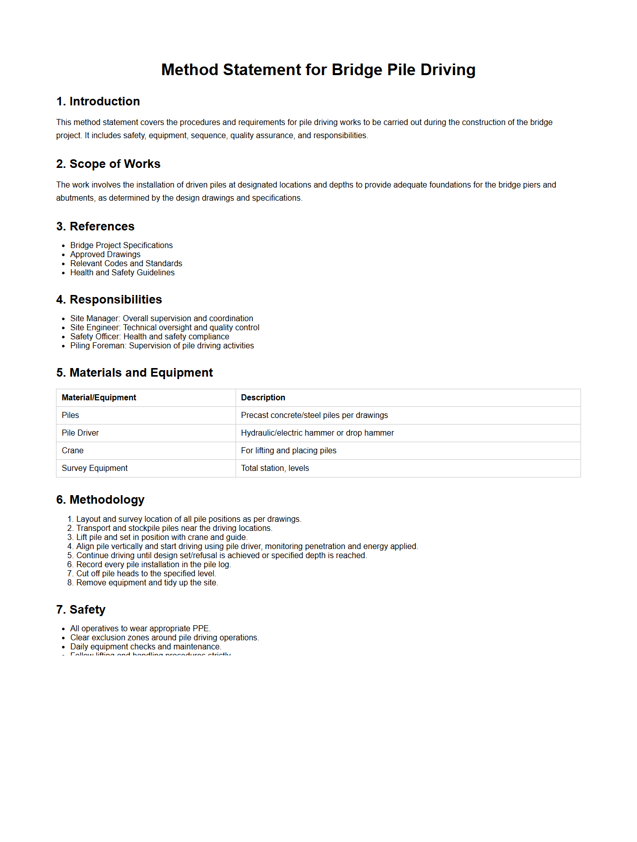 Method Statement for Bridge Pile Driving