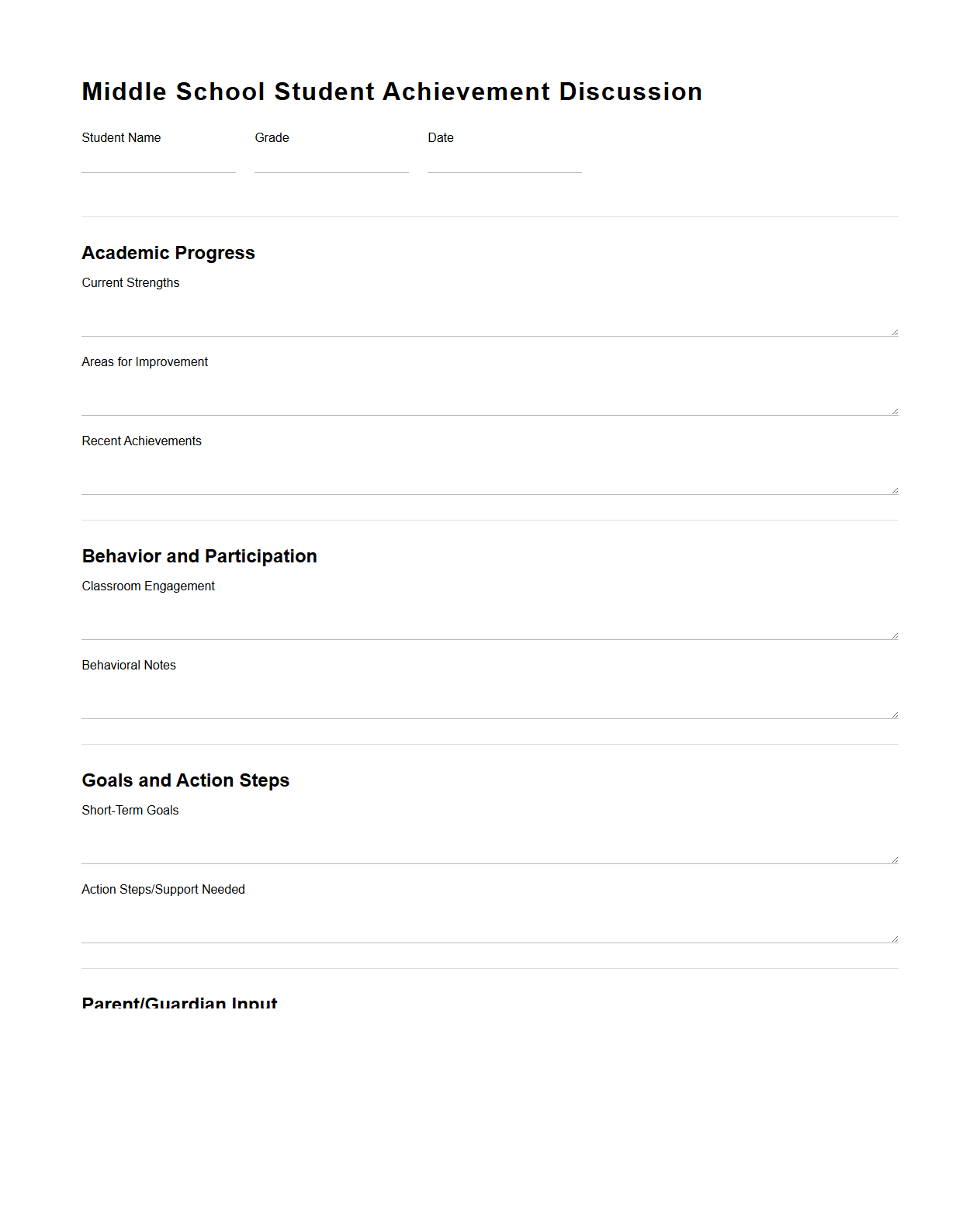 Middle School Student Achievement Discussion Template