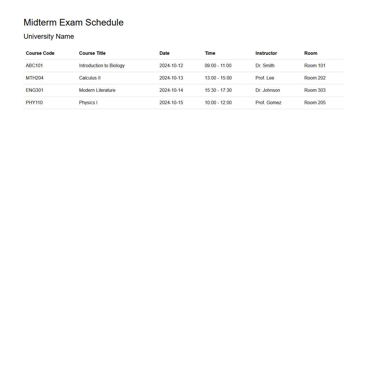 Midterm Exam Schedule Template for Universities