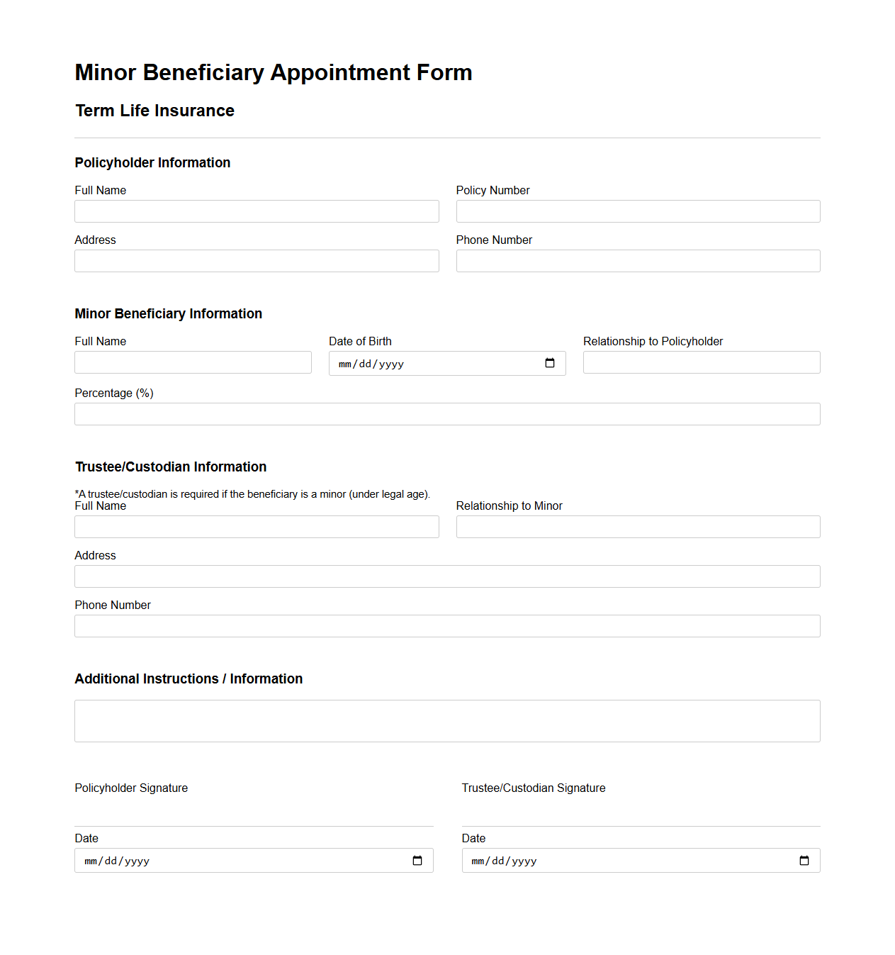 Minor Beneficiary Appointment Form for Term Life Insurance
