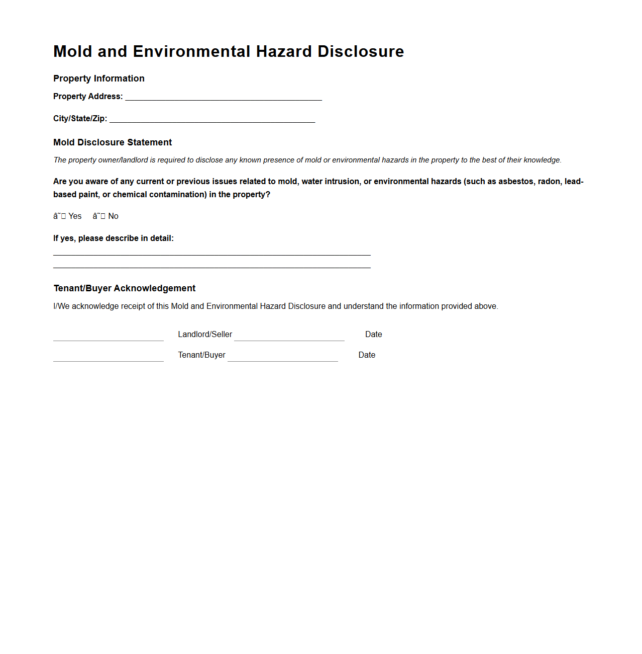Mold and Environmental Hazard Disclosure Example