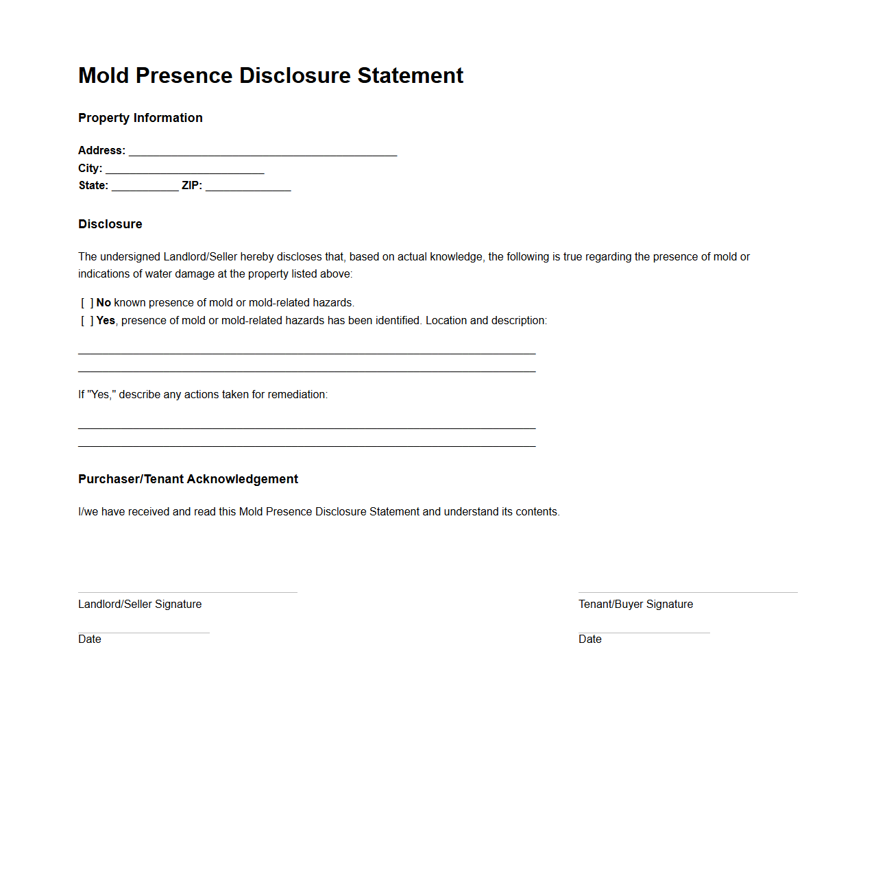 Mold Presence Disclosure Statement Sample