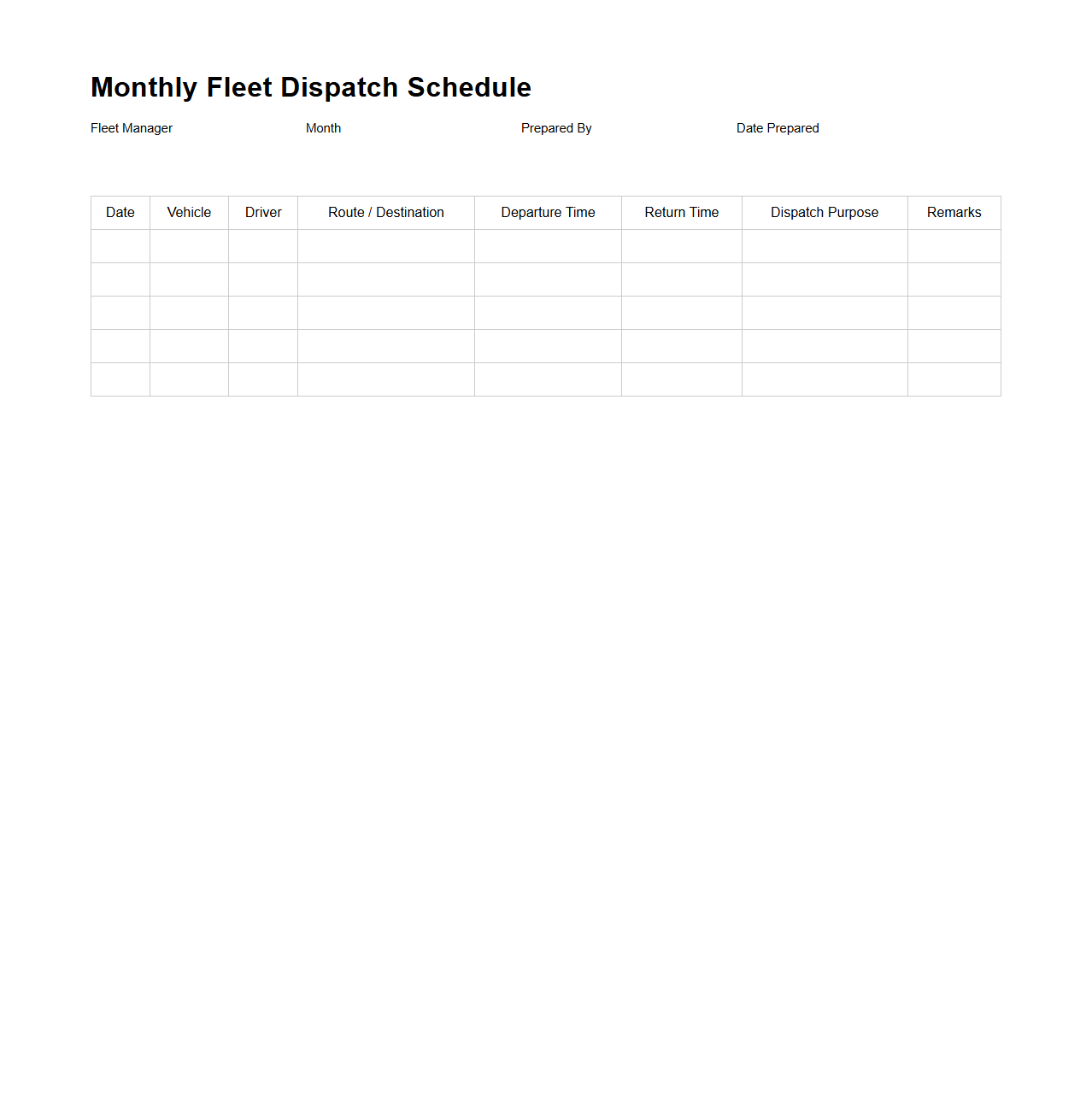 Monthly Fleet Dispatch Schedule Example