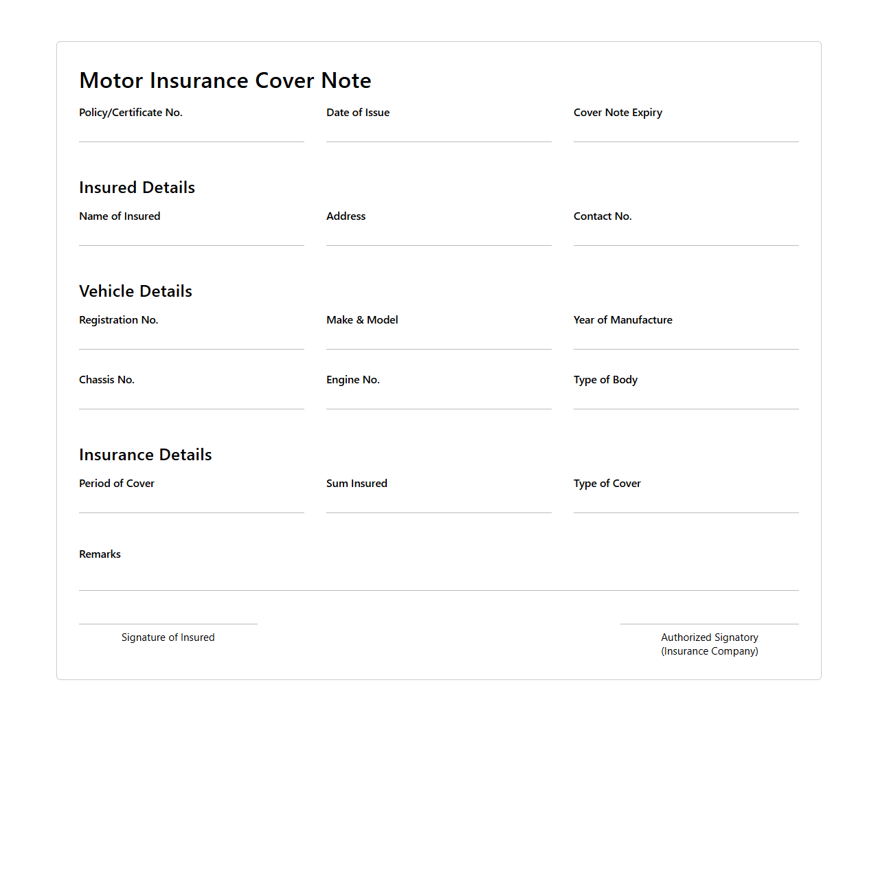 Motor Insurance Cover Note Example