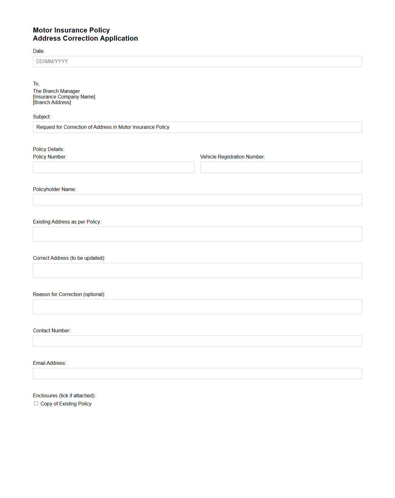 Motor Insurance Policy Address Correction Application
