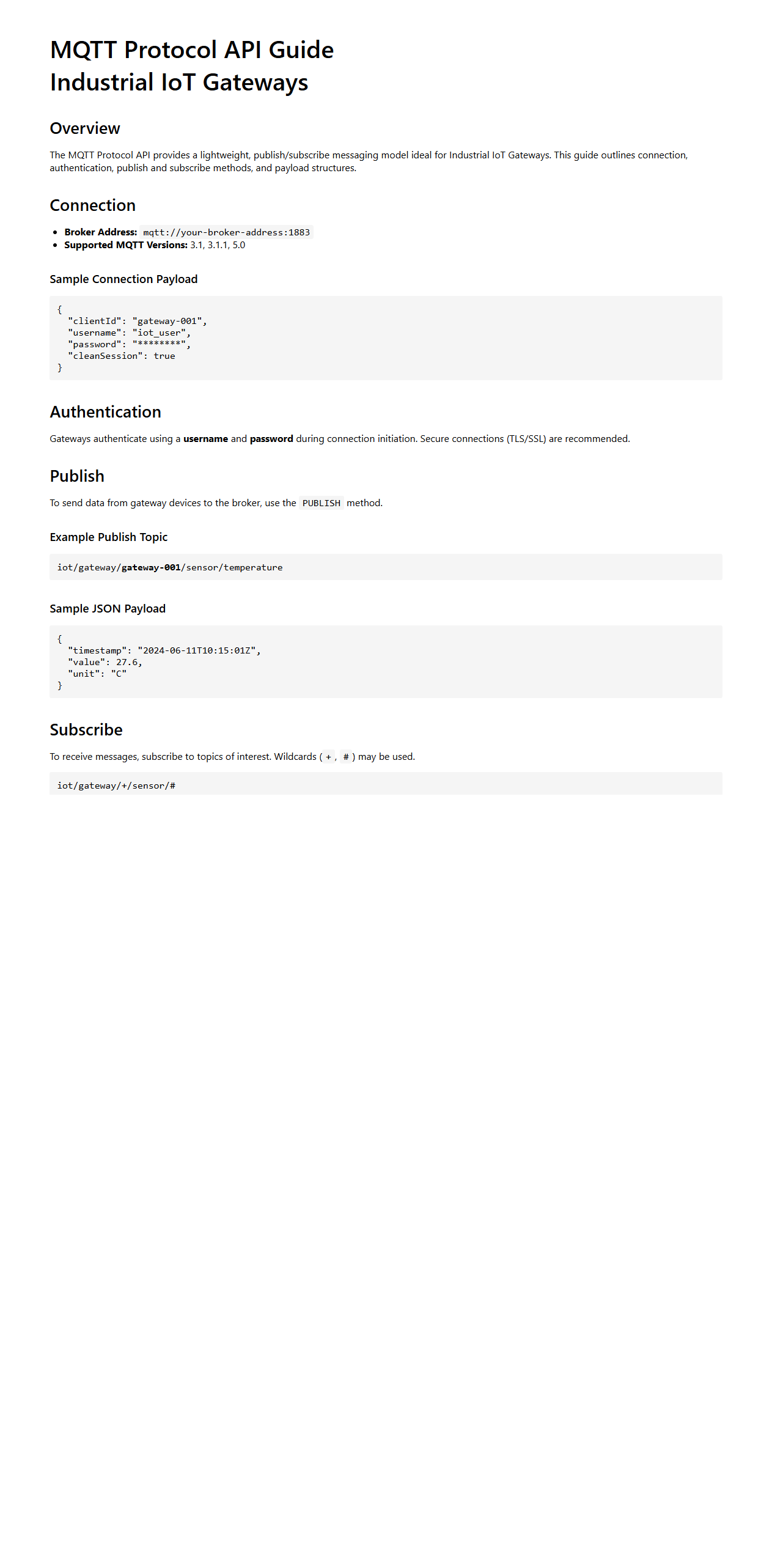 MQTT Protocol API Guide for Industrial IoT Gateways