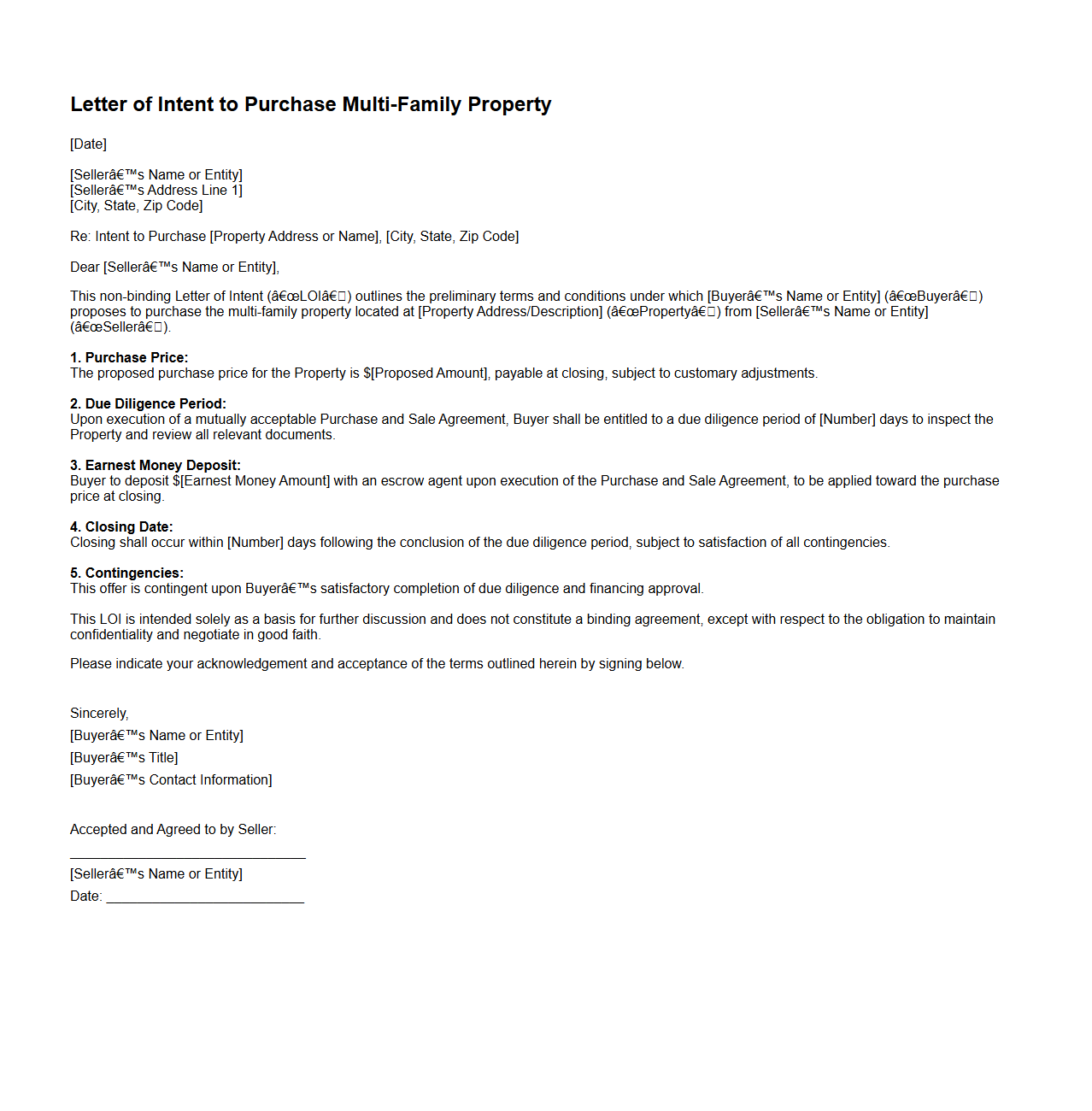 Multi-Family Property Purchase Intent Letter