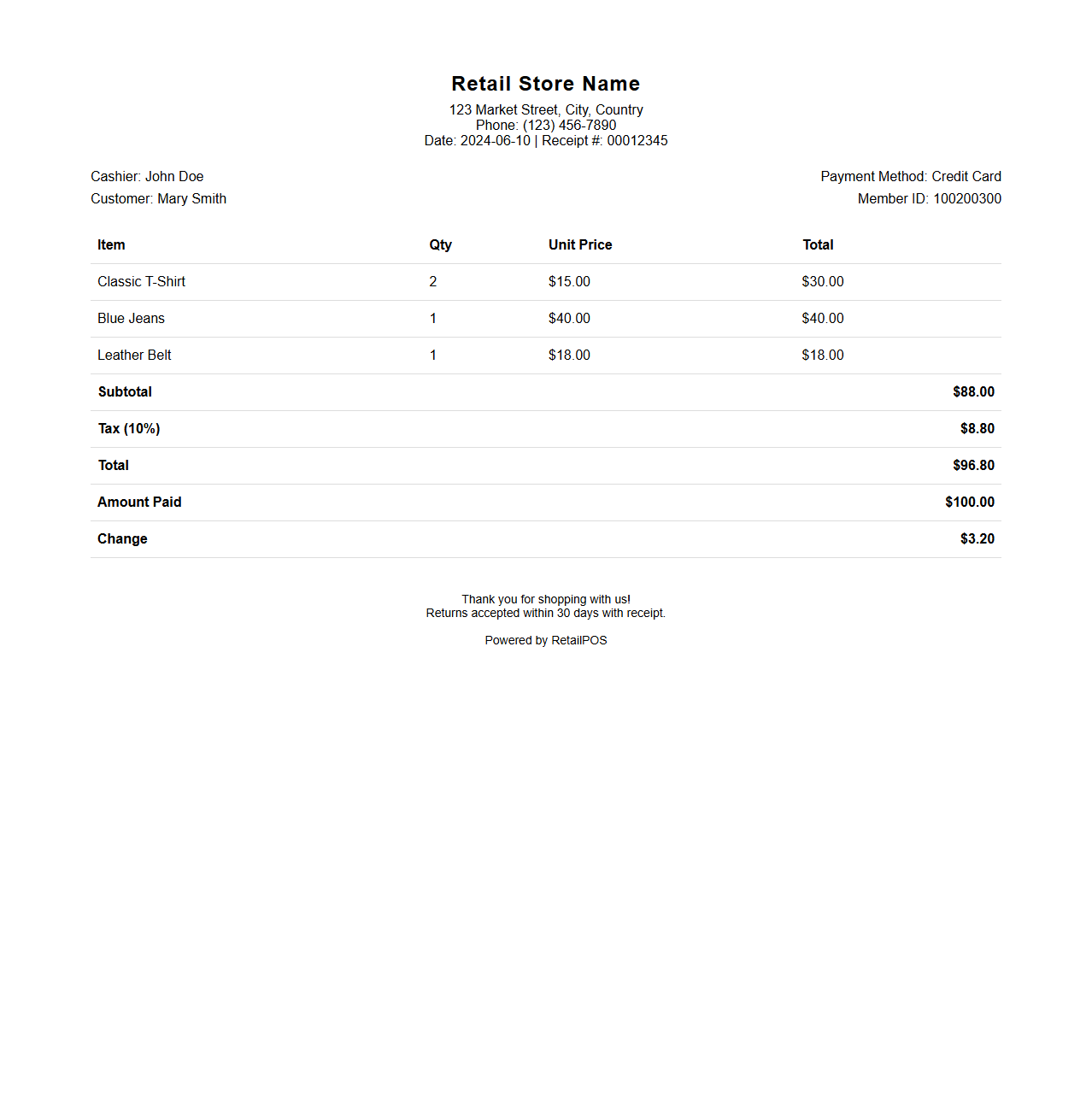 Multi-Item Retail Payment Receipt Sample