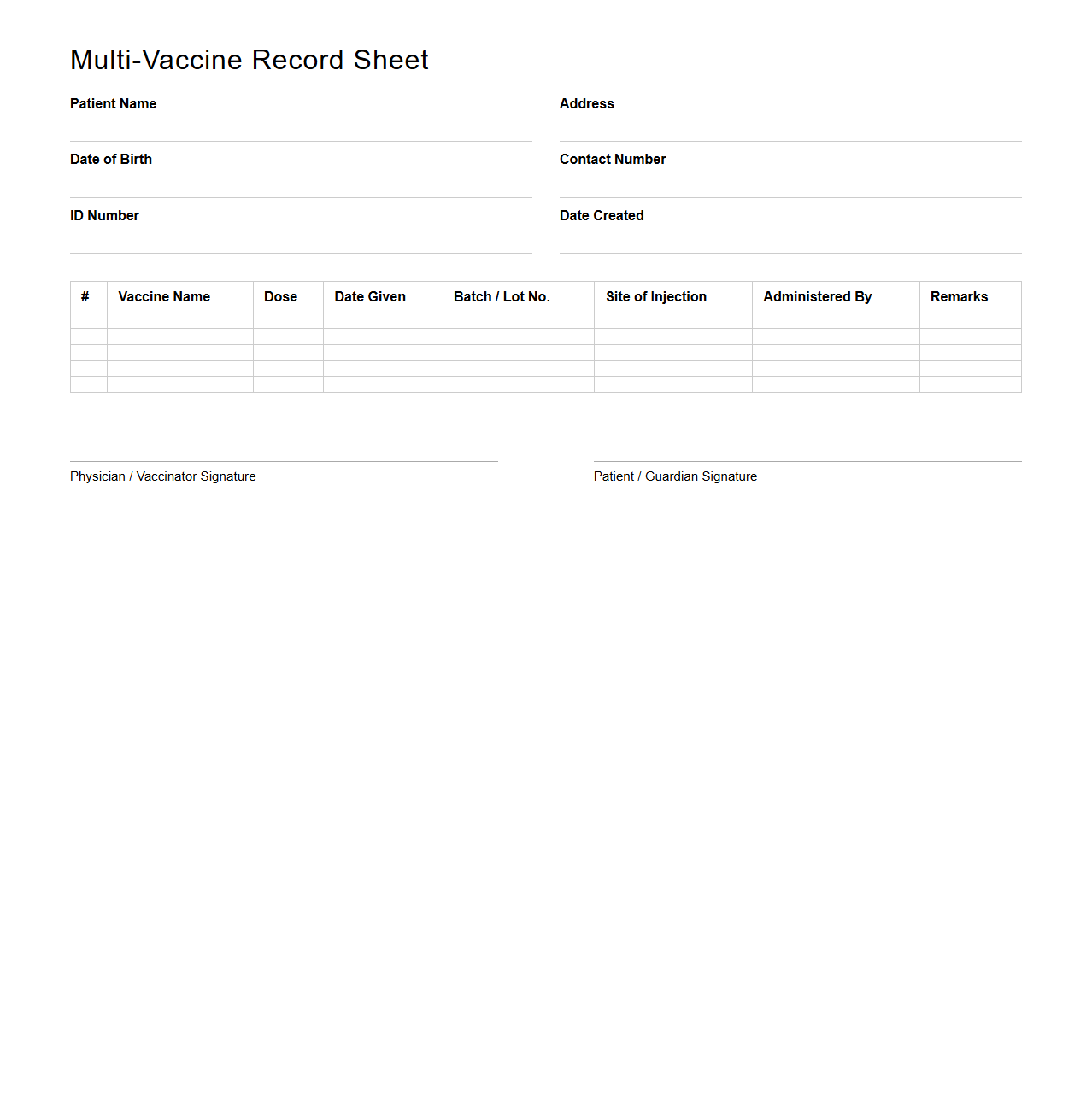 Multi-Vaccine Record Sheet