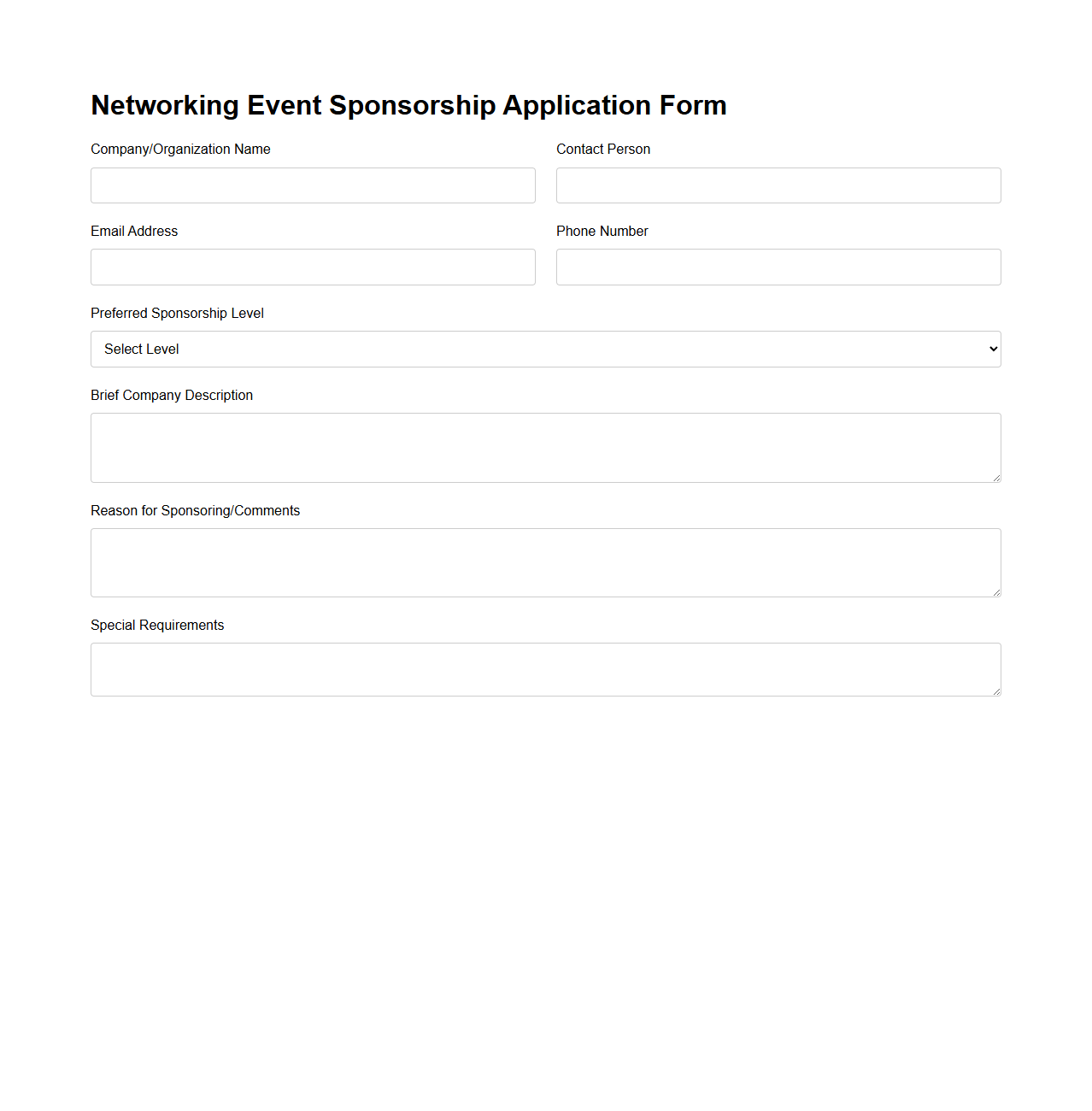 Networking Event Sponsorship Application Form
