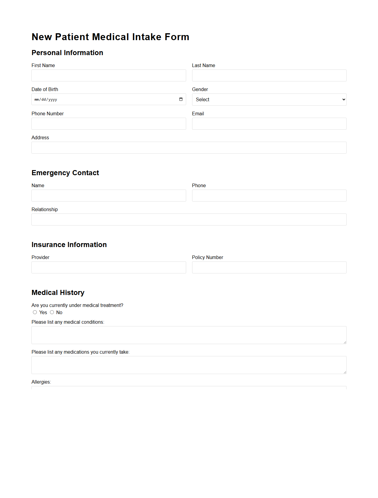 New Patient Medical Intake Form