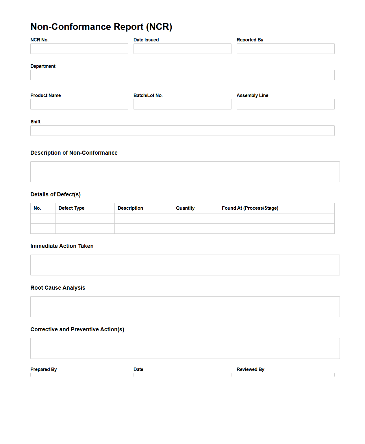 Non-Conformance Report Example for Assembly Line Defects