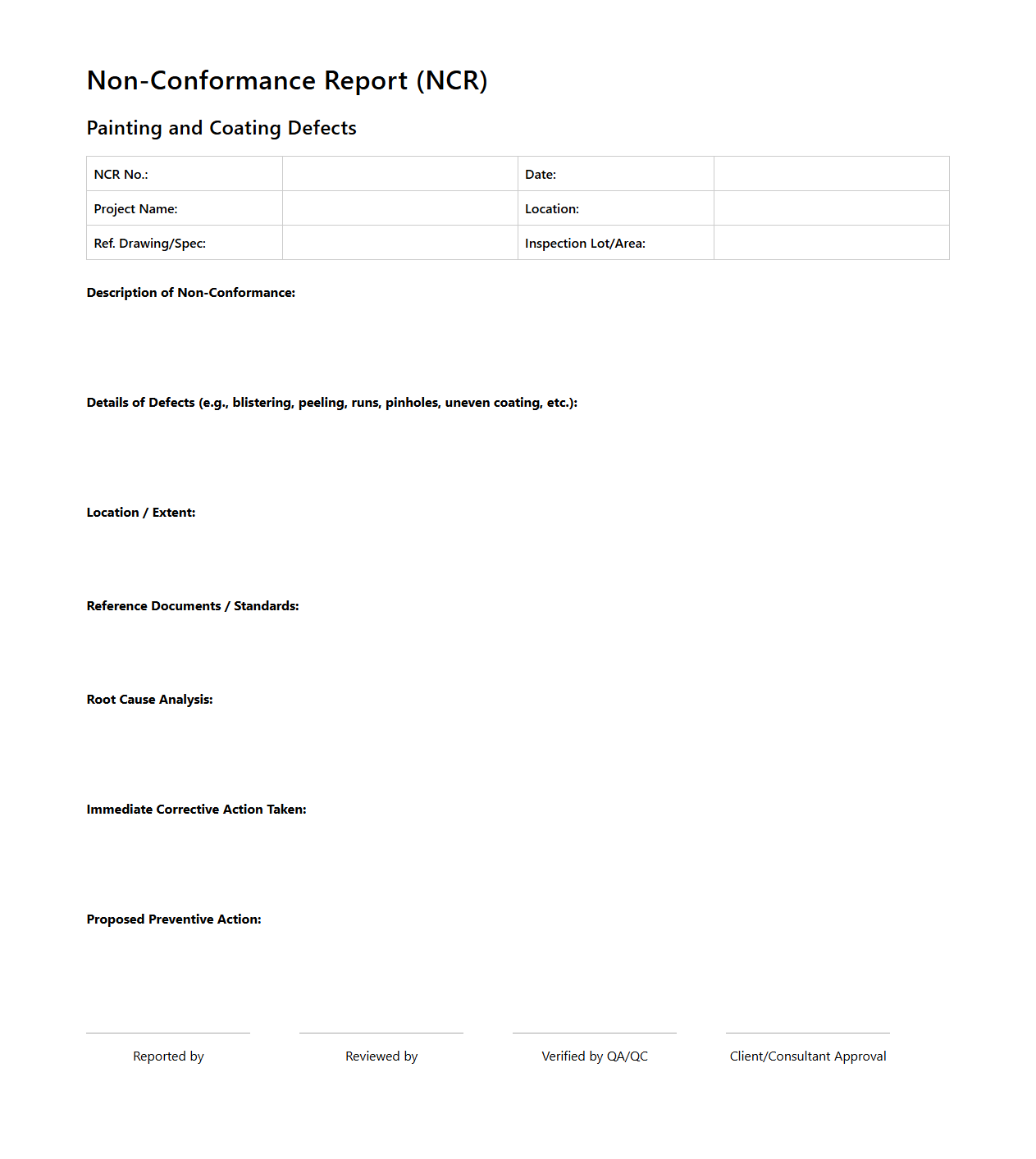Non-Conformance Report Sample for Painting and Coating Defects