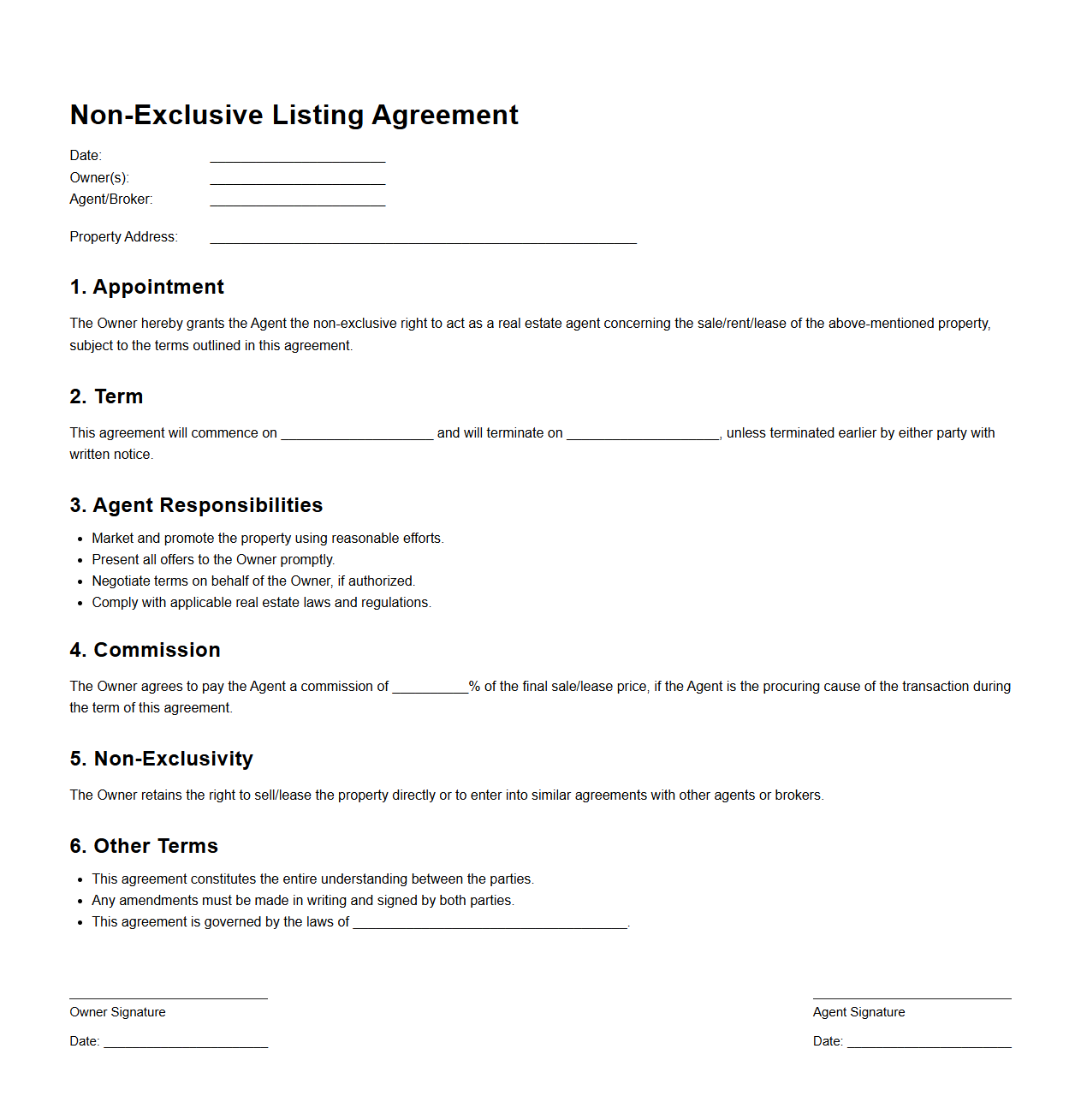 Non-Exclusive Listing Agreement Format for Agents