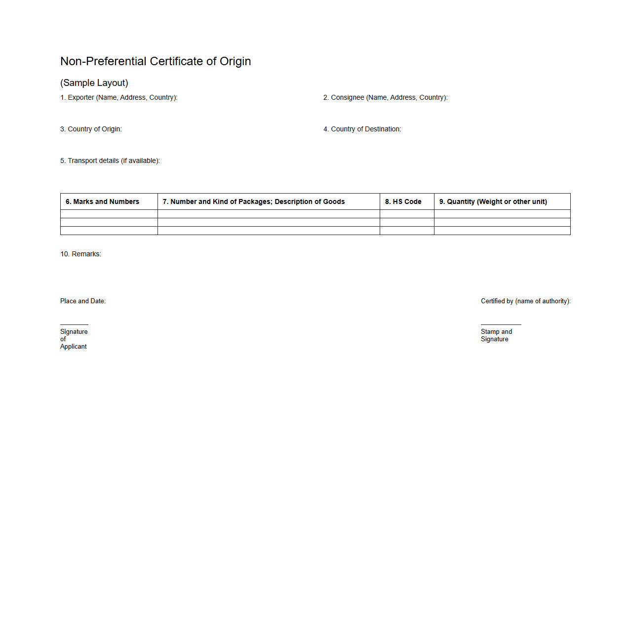Non-Preferential Certificate of Origin Document Layout